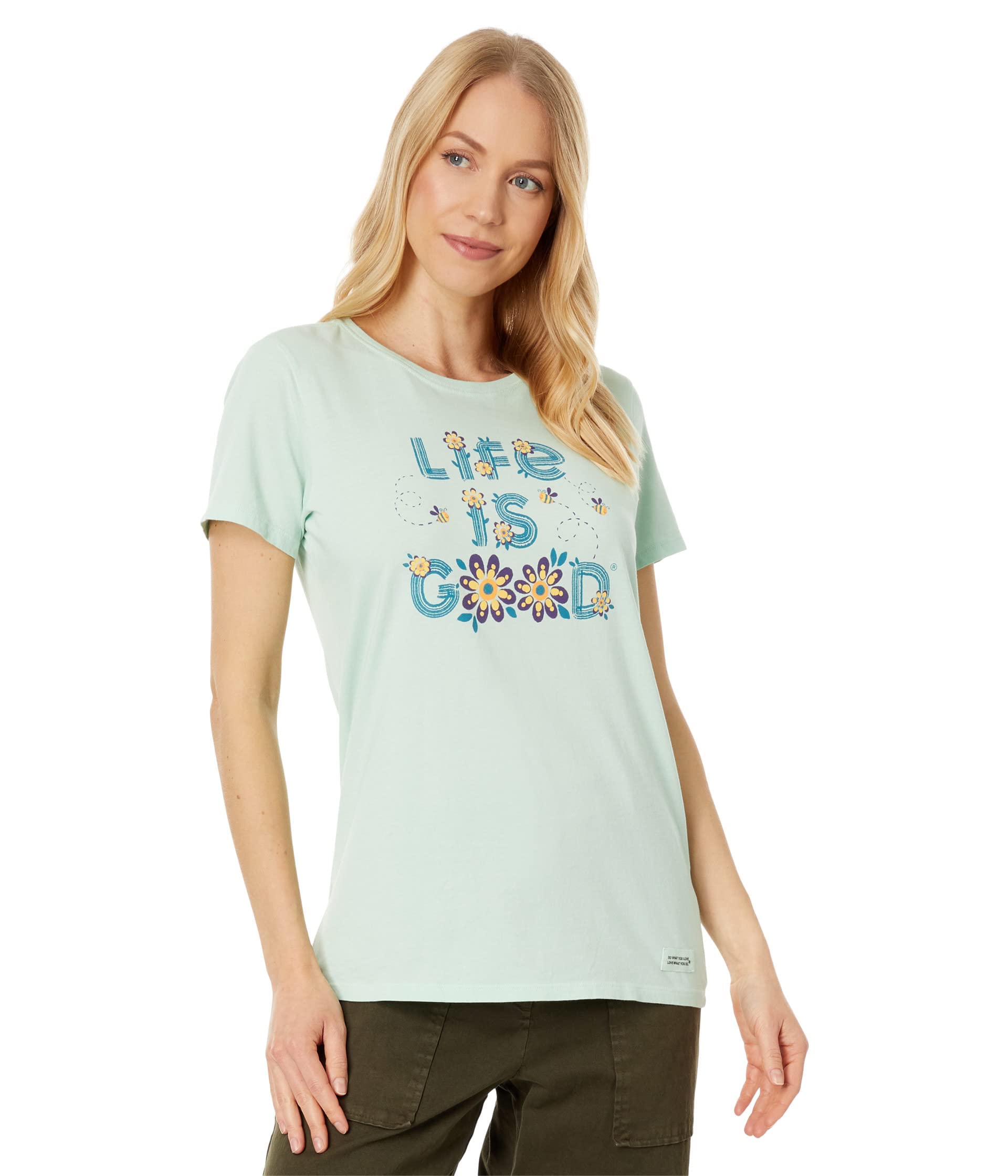 MD Life is Good Women's Floral & Bees Logo Graphic Crusher-Lite Crewneck T-Shirt (Light Green, Size M)