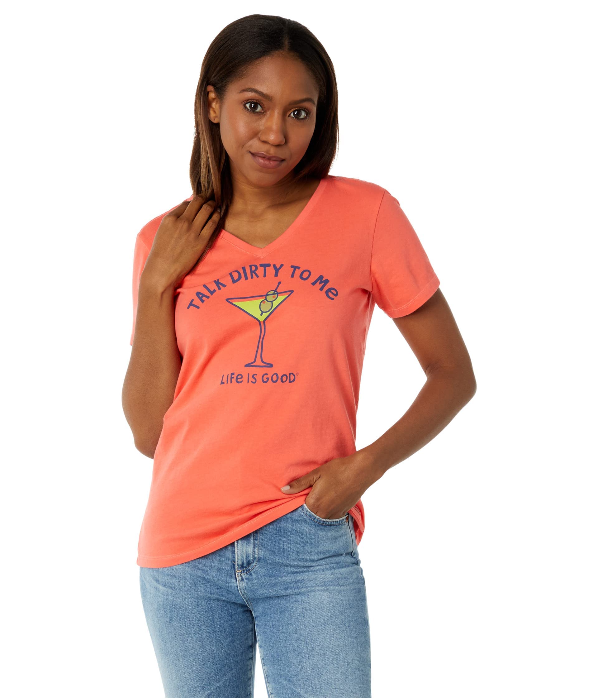 MD Life is Good® Women’s "Talk Dirty To Me" Martini Graphic V-Neck Crusher Tee – Coral Pink