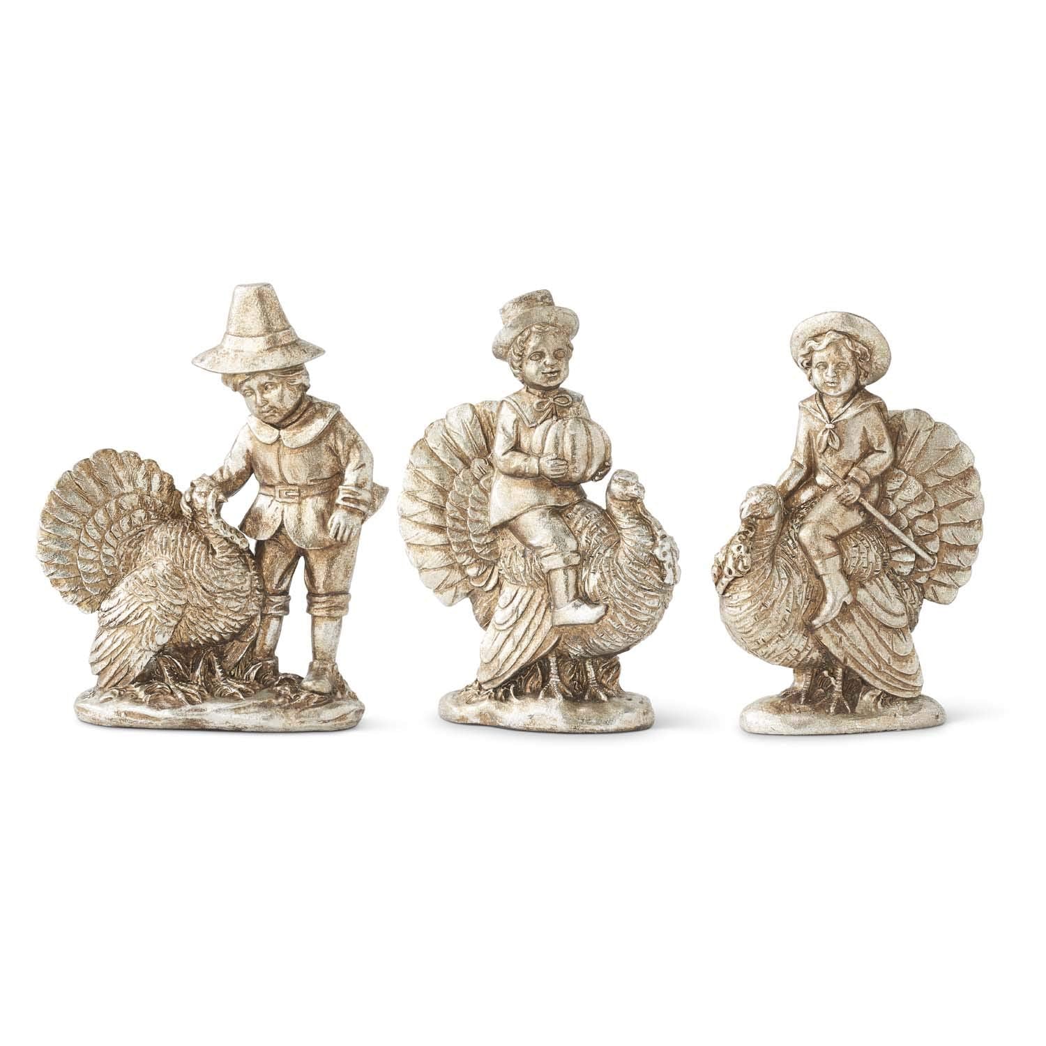 7.25 Inch Antique Silver Resin Children with Turkeys