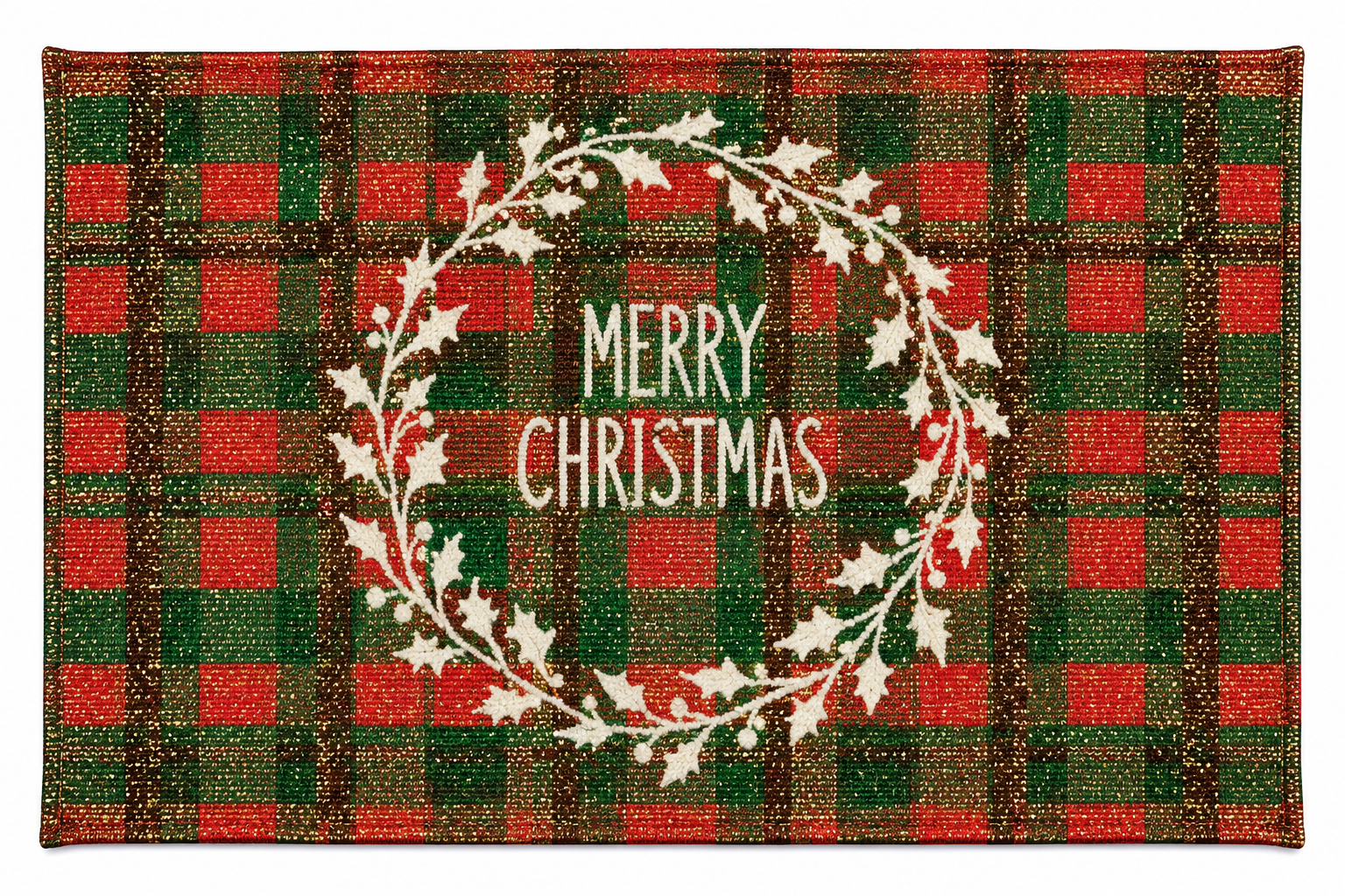 "Merry Christmas" Metallic Gold Plaid Holly Wreath Nidico Tapestry Placemat