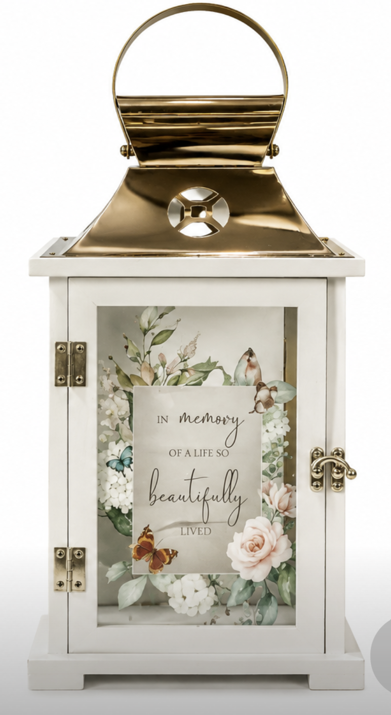 Carson White Wooden Memorial Lantern with Rose & Butterfly Glass - In Memory
