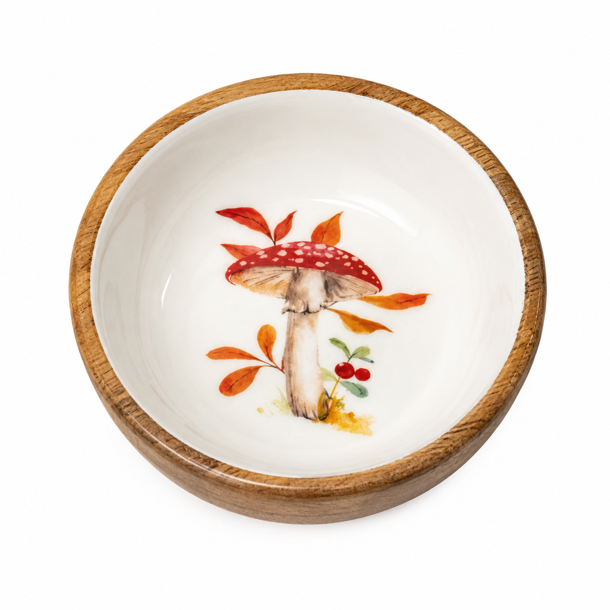 Mud Pie Watercolor Mushroom Enamel & Mango Wood Dip Bowl