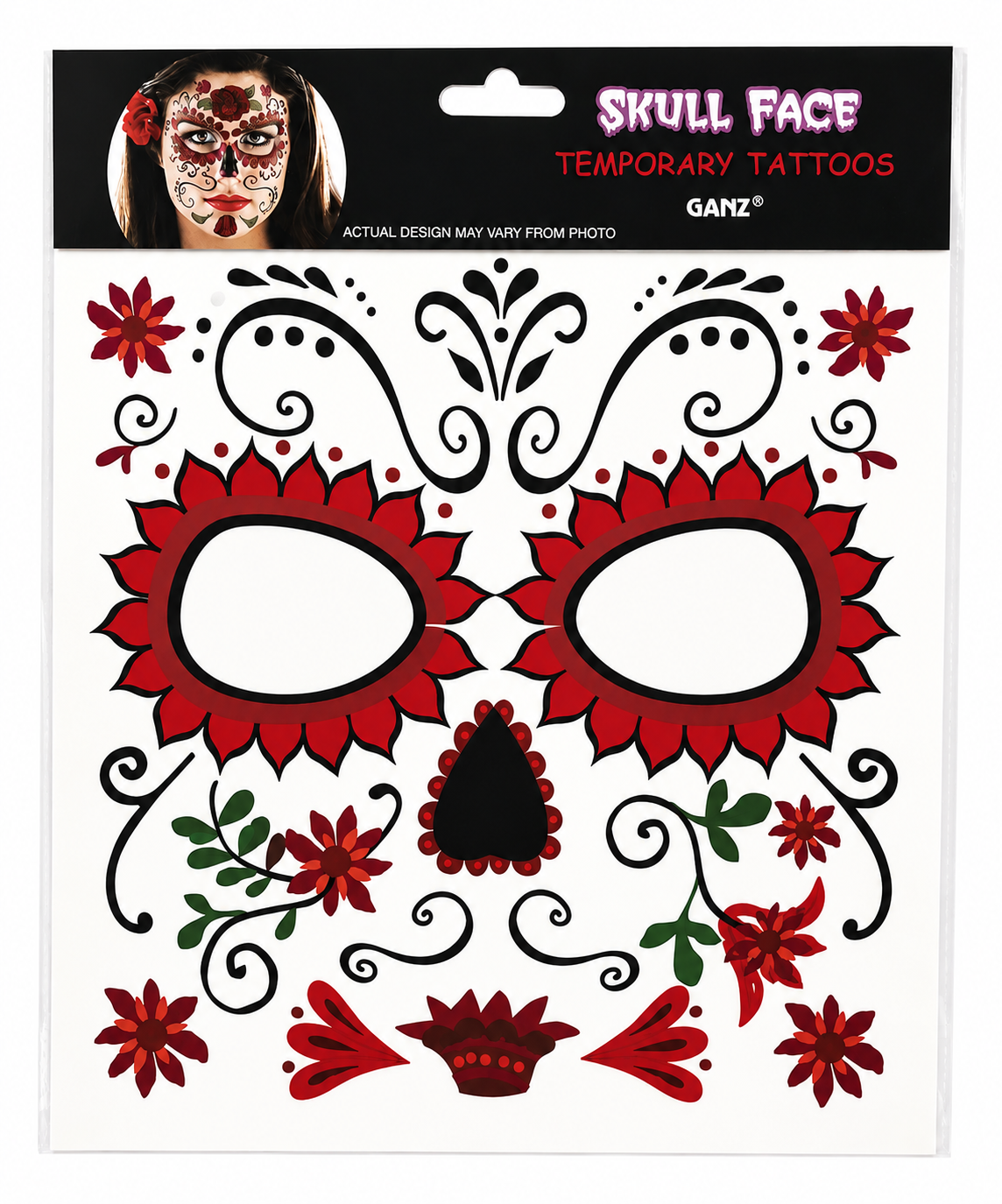 Orange Skull Face Temporary Tattoos Day of the Dead Sugar Skull Dia De Los Muertos, GANZ