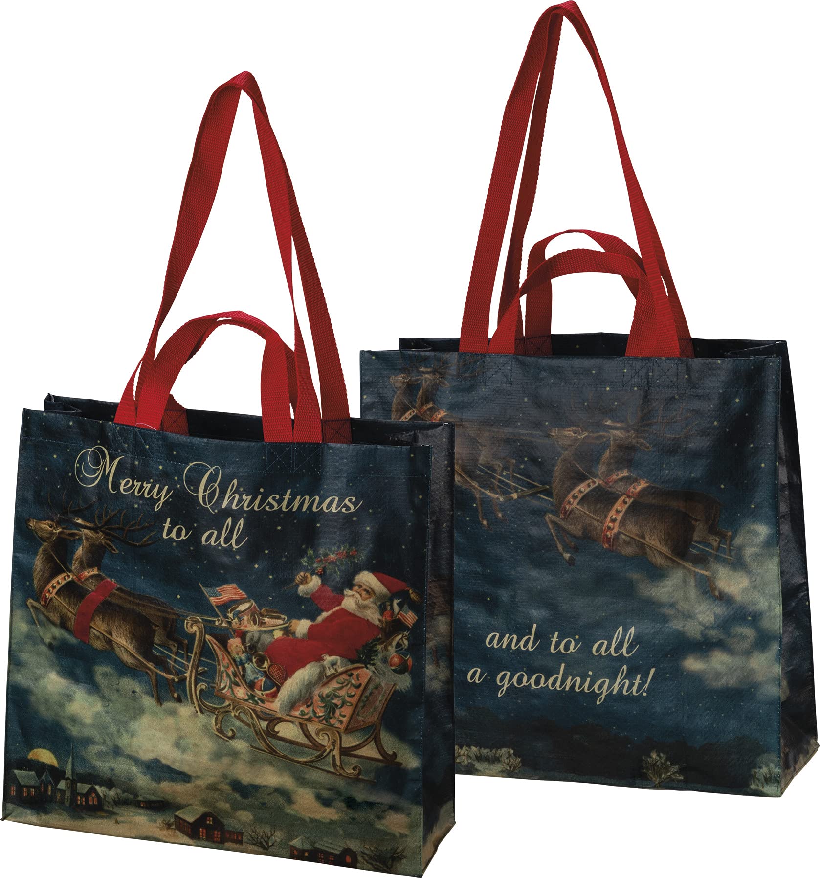 Santa and Reindeer Sleigh Merry Christmas To All & To All A Good Night Double Sided Market Tote Bag