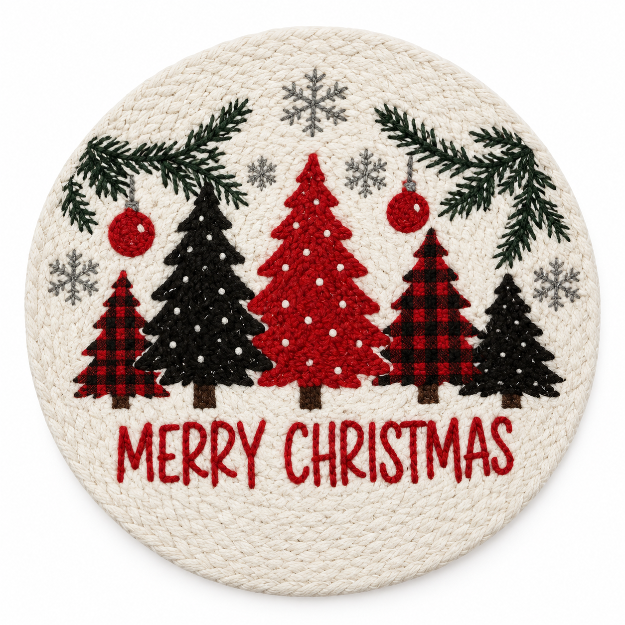"Merry Christmas" Pine Trees Round Braided Nidico Place Mats
