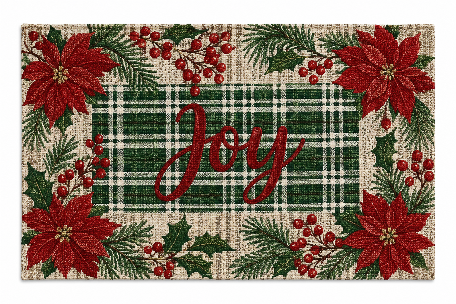 "Joy" Green Plaid Poinsettia Nidico Tapestry Placemat