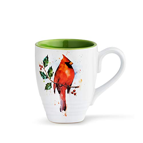 Cardinal With Holly Watercolor Green 16 ounce Ceramic Stoneware Coffee Mug