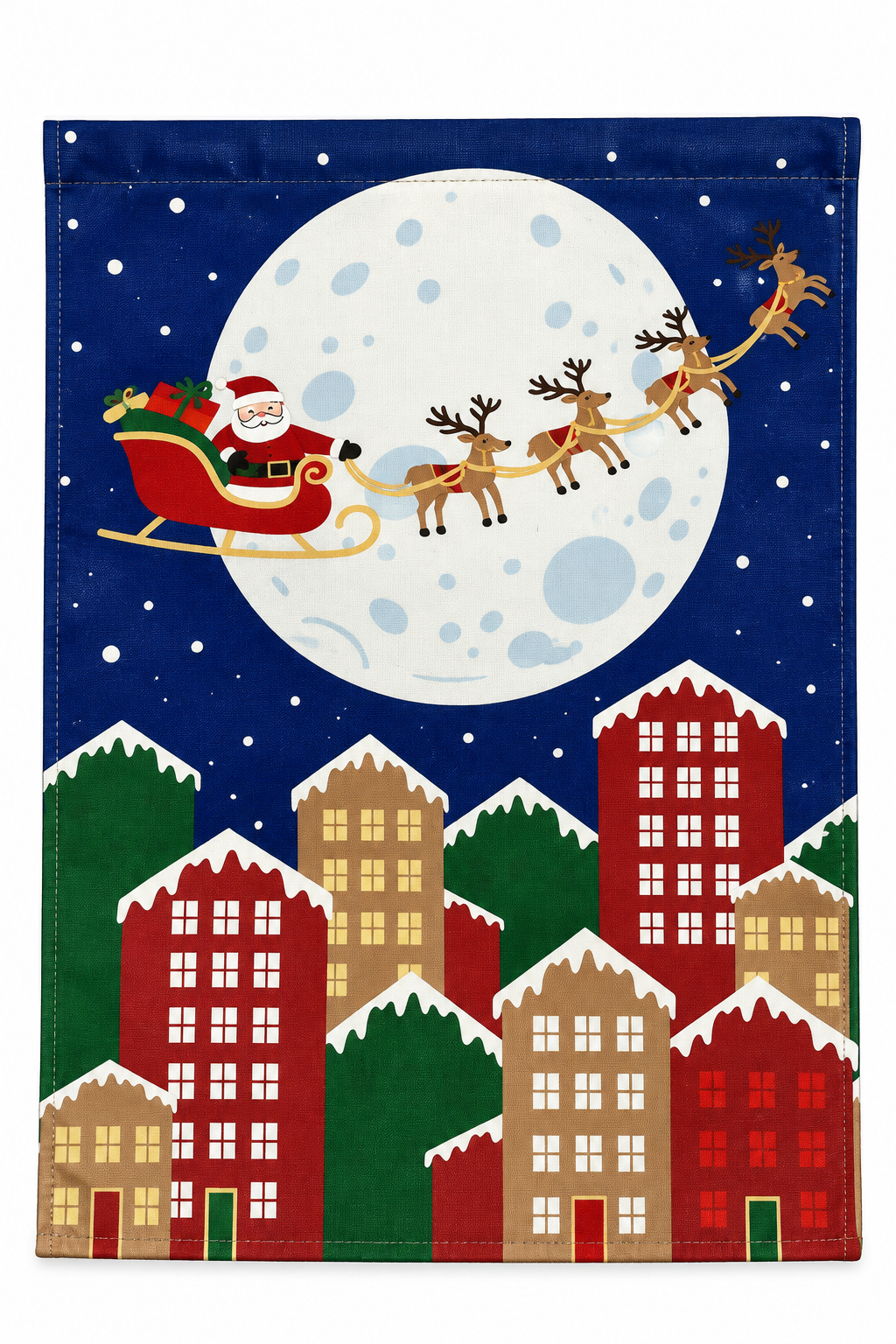 Meadow Creek Premium Santa Sleigh Reindeer Over Snowy Village Christmas Garden Flag