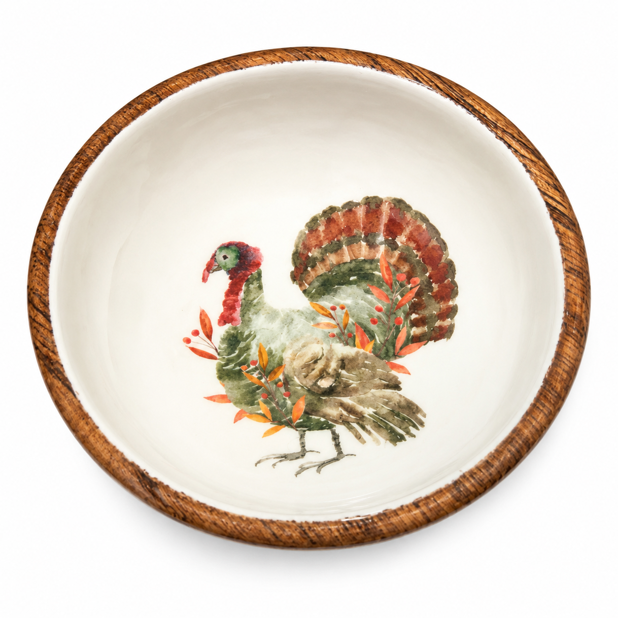 Mud Pie Watercolor Turkey Enamel & Mango Wood Dip Bowl