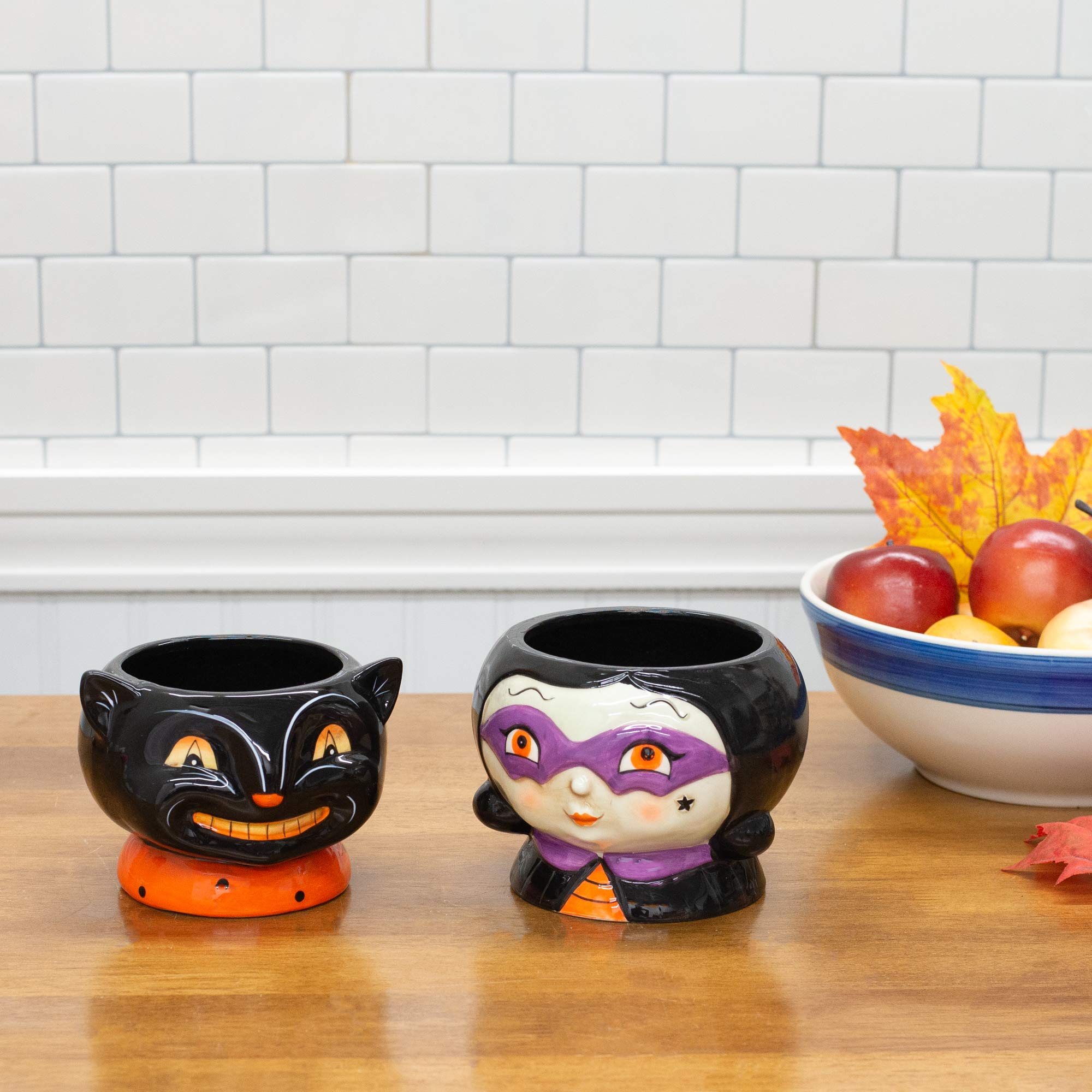 Cat and Witch Black 5 x 5 Dolomite Ceramic Halloween Dish Bowls Set of 2