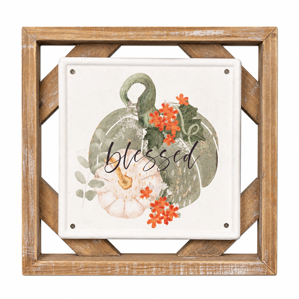 "Blessed" Transpac Wood Framed Pumpkin Decor