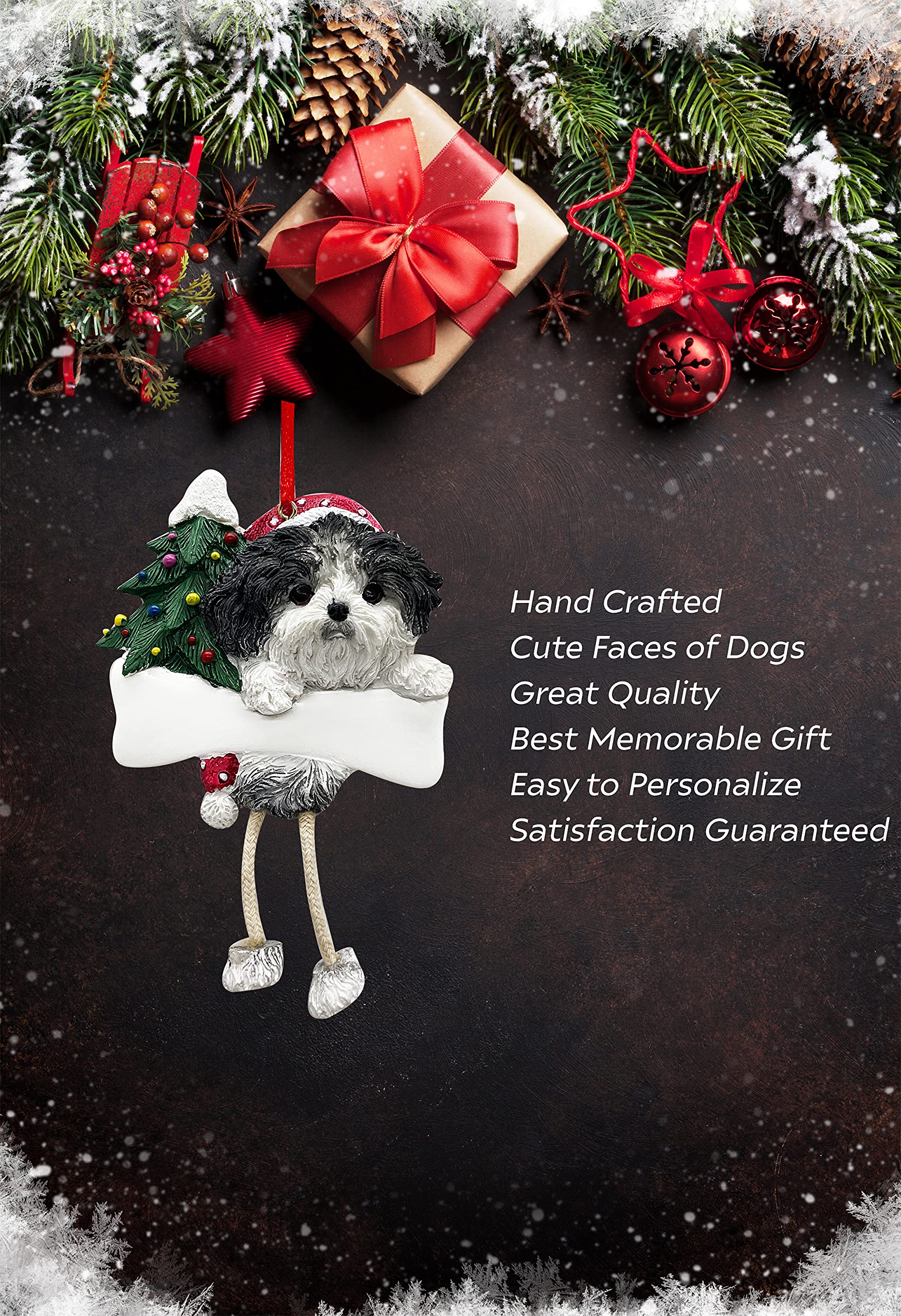 Shih Tzu Ornament with Unique "Dangling Legs" Hand Painted and Easily Personalized Christmas Ornament