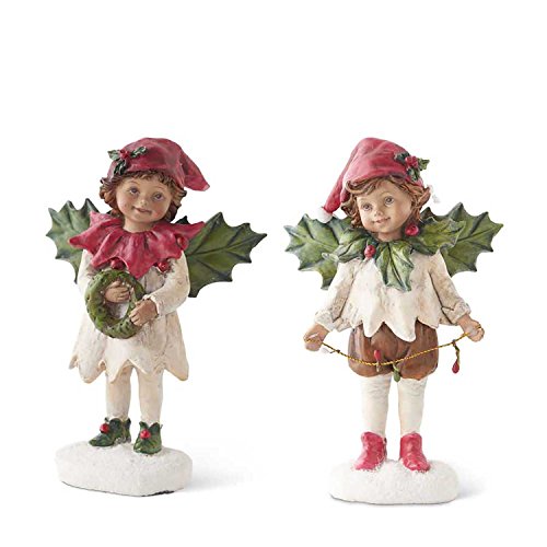 K&K Interiors 53083A Assorted 5.5 Inch Resin Girl/Boy W/Holly Wings (2 Styles), Red, White and Green