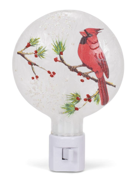 Frosted Glass Red Cardinal & Snowflake 5.5 inch Round Plug-In Night Light