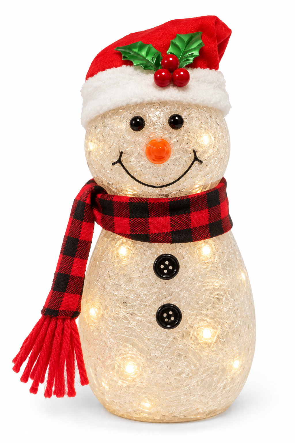 Lighted Crackle Glass Snowman Figurine with Plush Red Santa Hat & Plaid Scarf