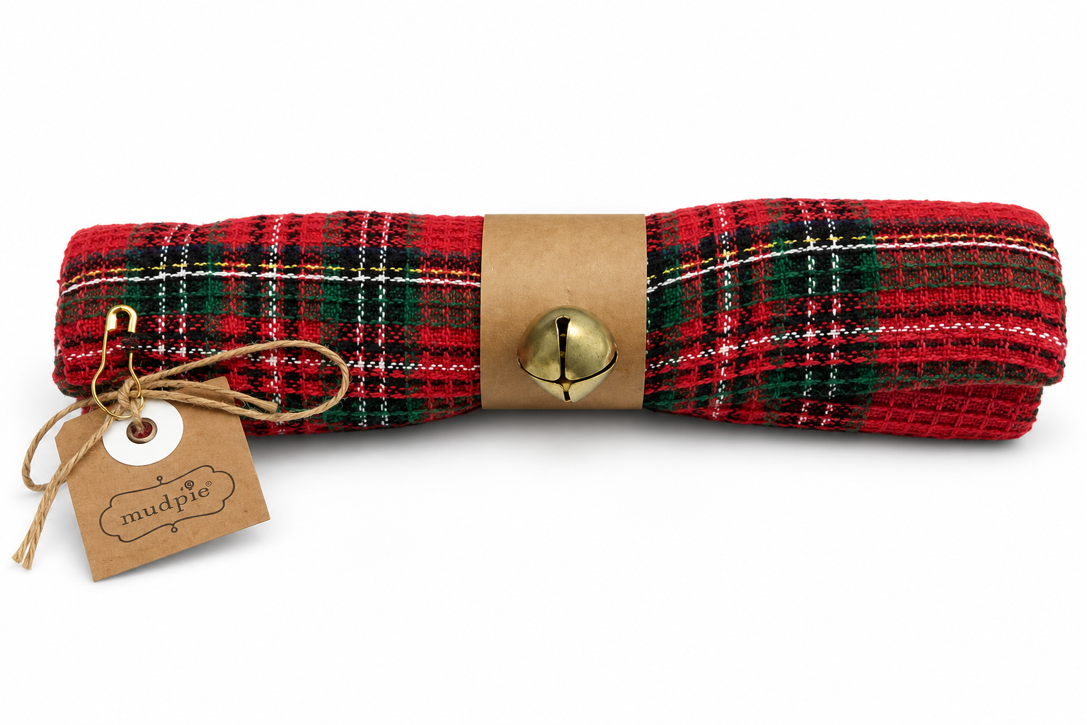 Red Plaid Waffle Weave Christmas Kitchen Towel Mud Pie Jingle Bell