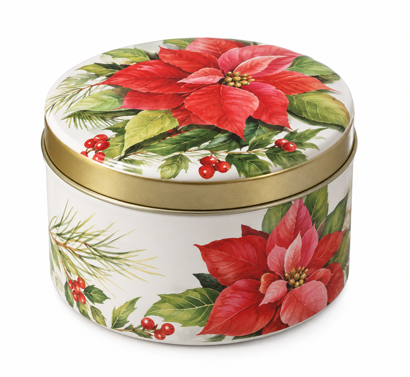 Red Poinsettia Gerson Holiday Lidded Wax Burning Candle Tin
