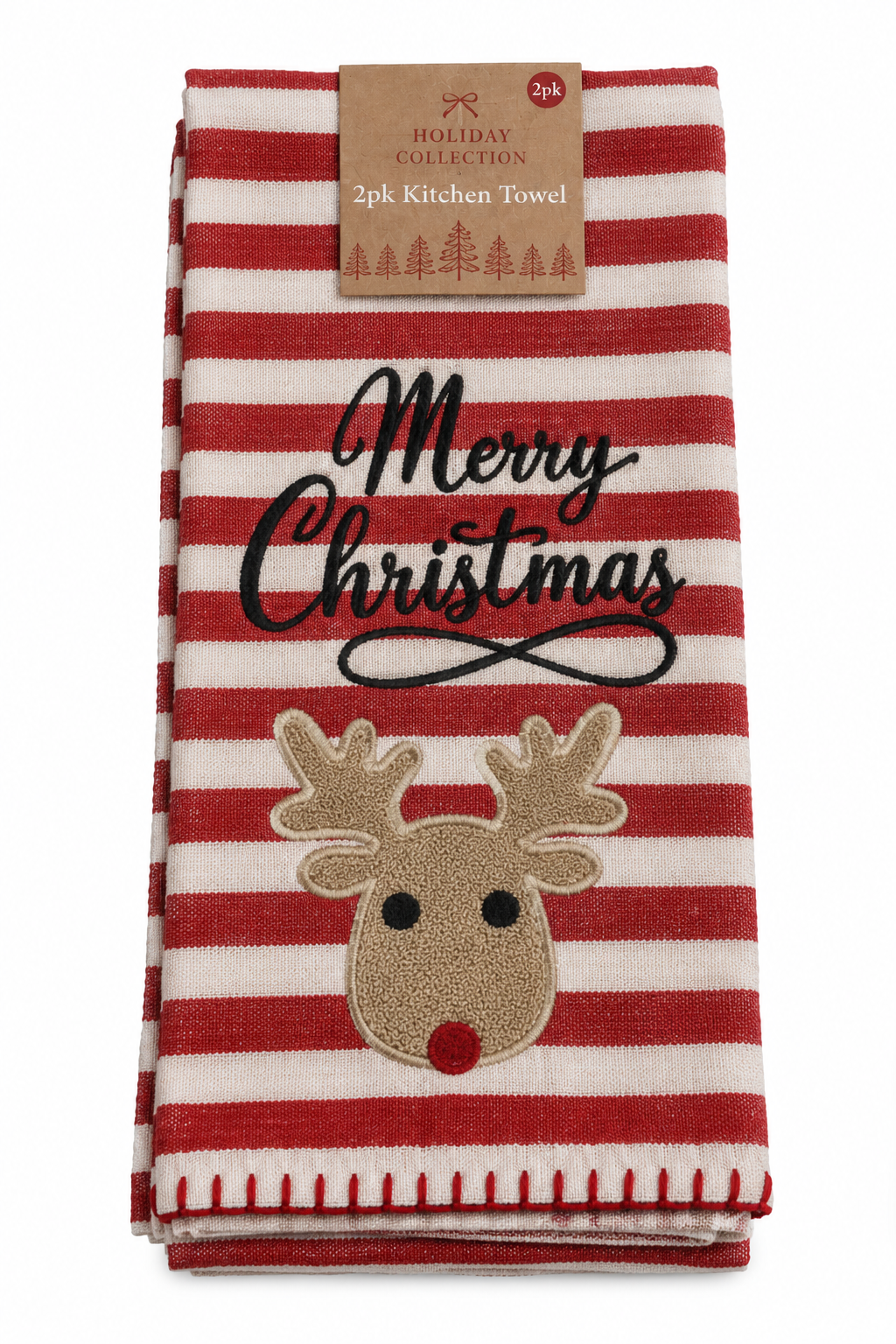 Holiday Collection Reindeer Merry Christmas Stripe Kitchen Towel 2 Pack