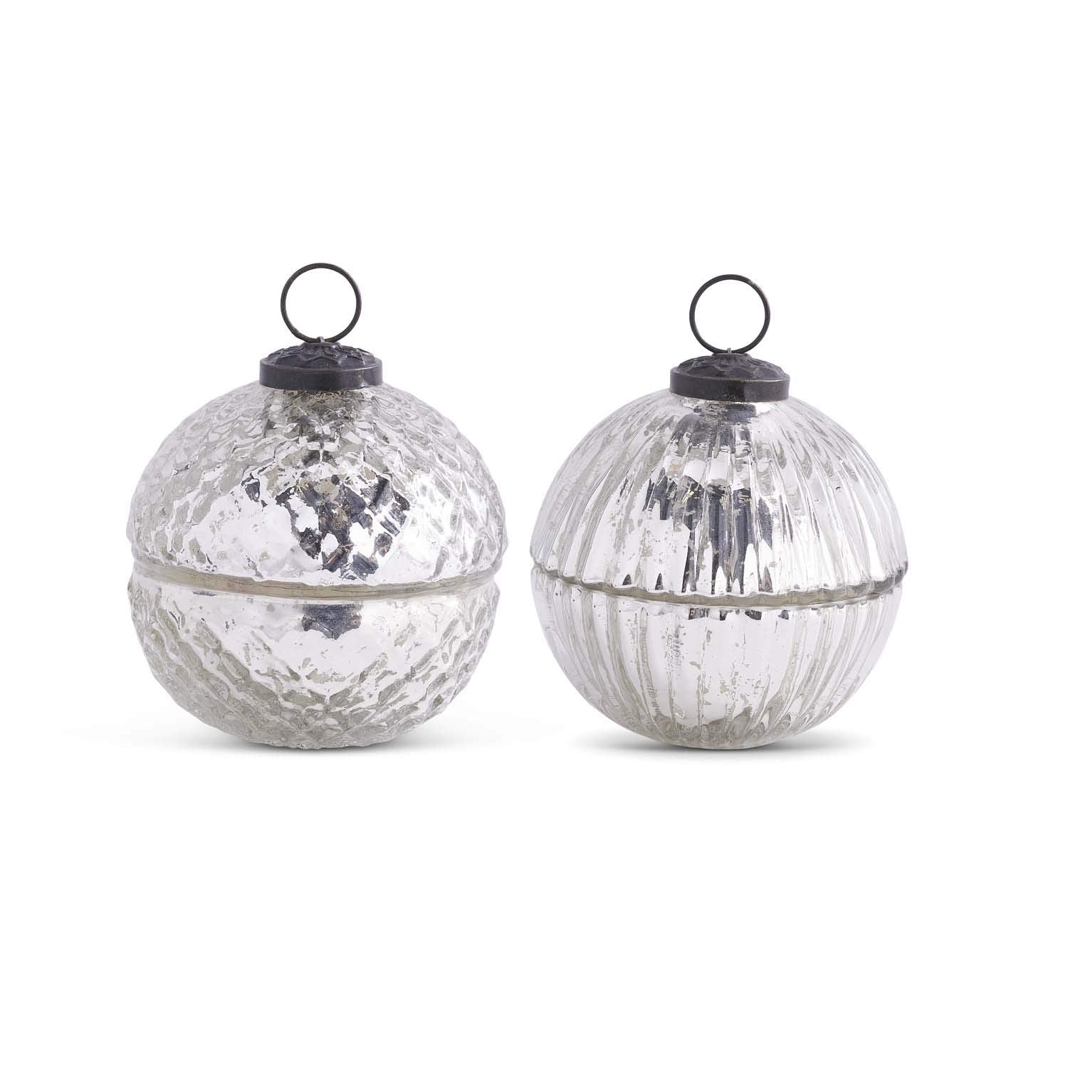 K&K Interiors Winter Wood Scented 3.5 Inch Filled Silver Mercury Glass Lidded Ornament Candles
