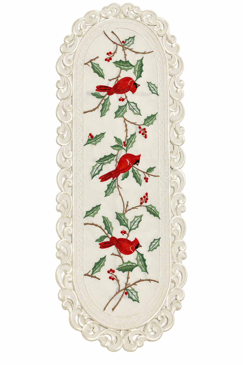 Embroidered Red Cardinal Table Runner Holly Cutwork 16" x 36"