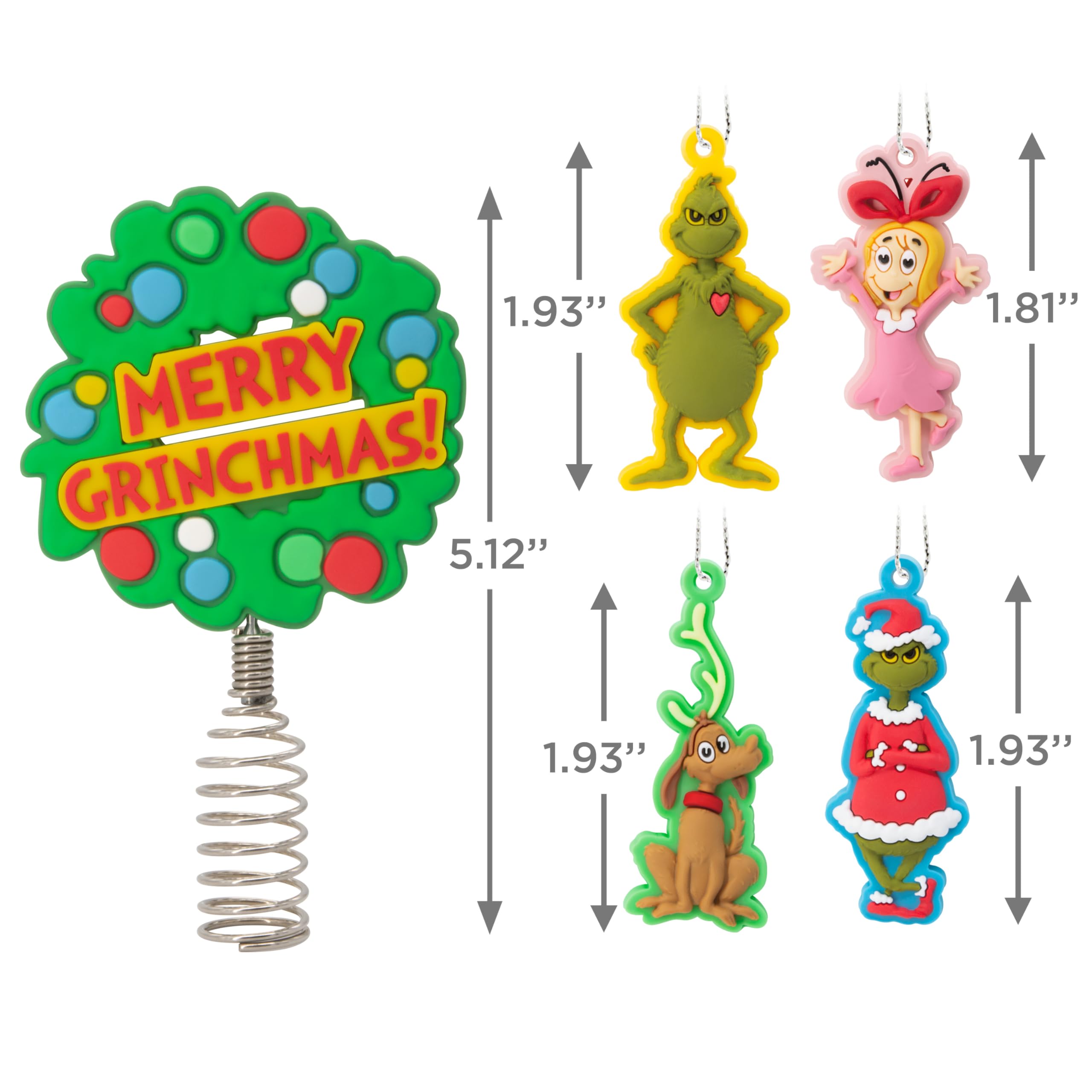 Hallmark Dr. Seuss's How the Grinch Stole Christmas! 5" Miniature Christmas Tree Topper and Mini Ornaments, Set of 5, Shatterproof
