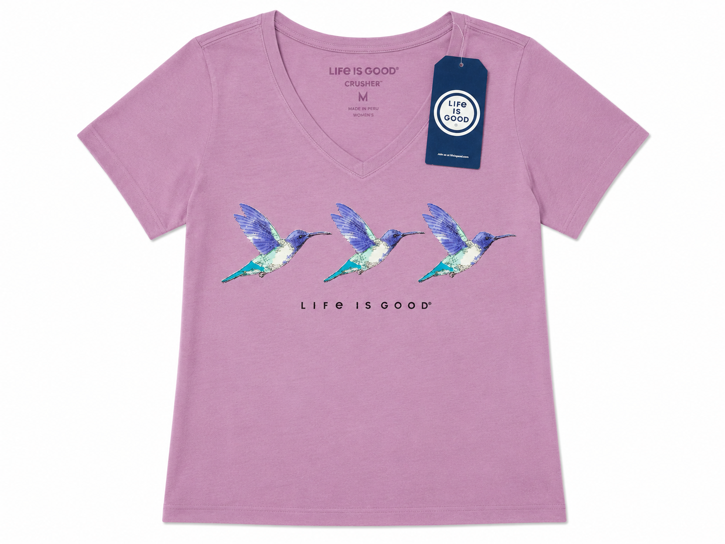 MD Life is Good Women's Trio Hummingbirds Graphic Crusher V-Neck T-Shirt (Dusty Lilac/Mauve, Size M)