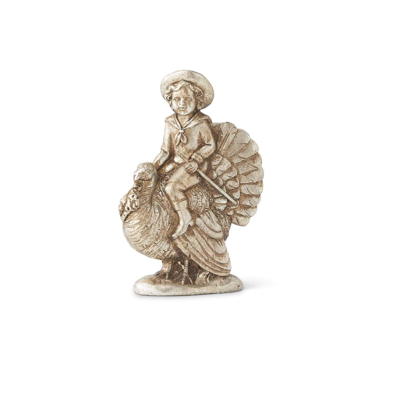 Antique Silver Resin Child Riding Turkey Figurine