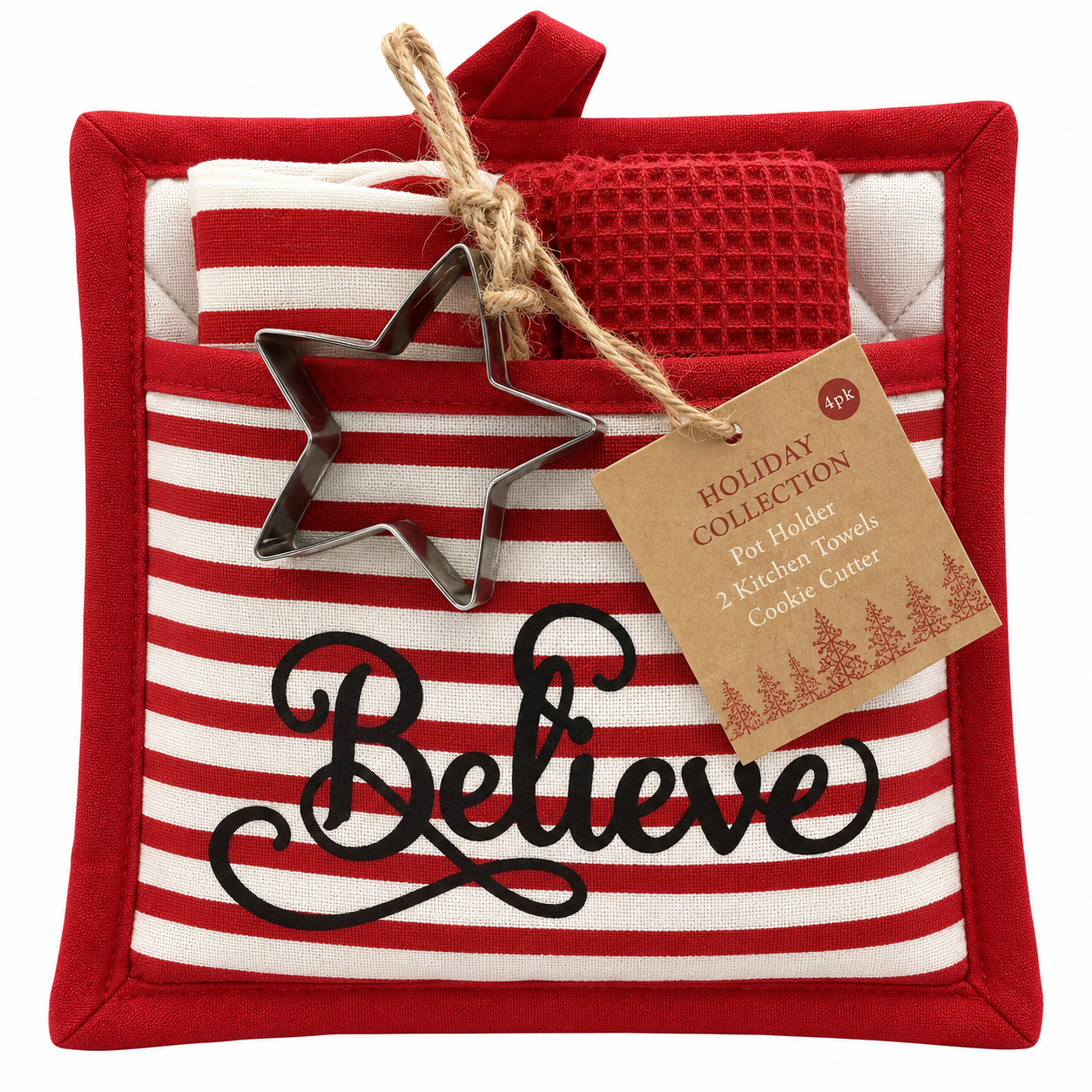 "Believe" Red Stripe Nidico Pocket Pot Holder Kitchen Towel & Cookie Cutter Set 4 Pk