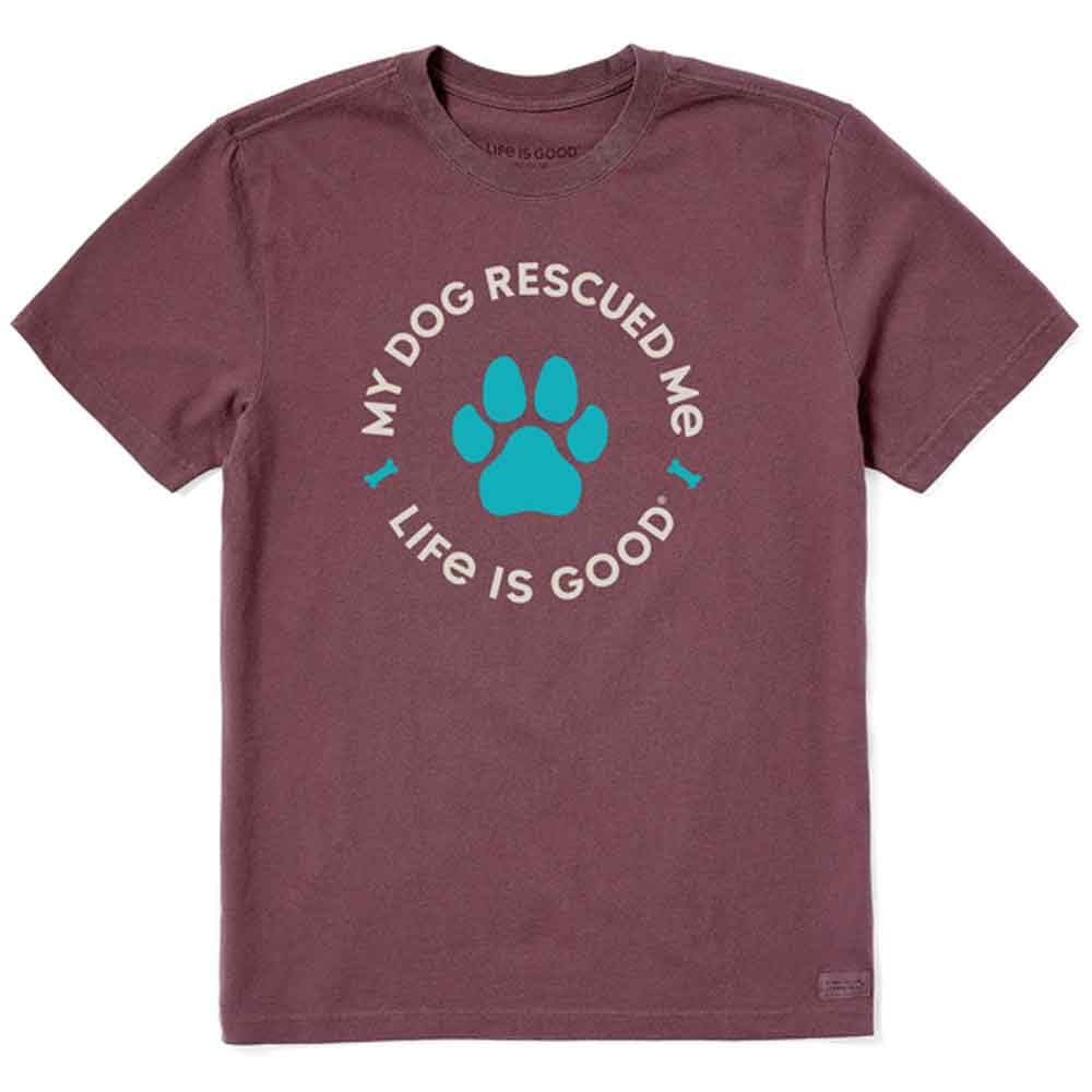 LG Life is Good "My Dog Rescued Me" Paw Print Graphic Crusher Crewneck T-Shirt (Plum/Dusty Rose, Size L)