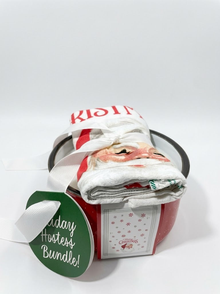 Holiday Hostess Bundle Vintage Santa Ceramic Mixing Bowl Set with Kitchen Towel