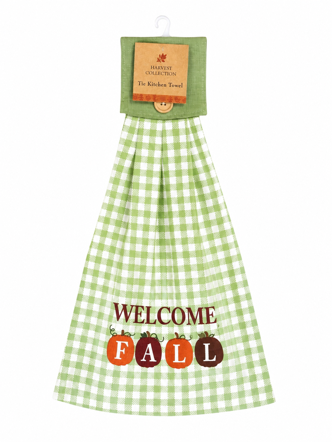 Harvest Collection Green Gingham "Welcome Fall" Hanging Kitchen Tie Towel