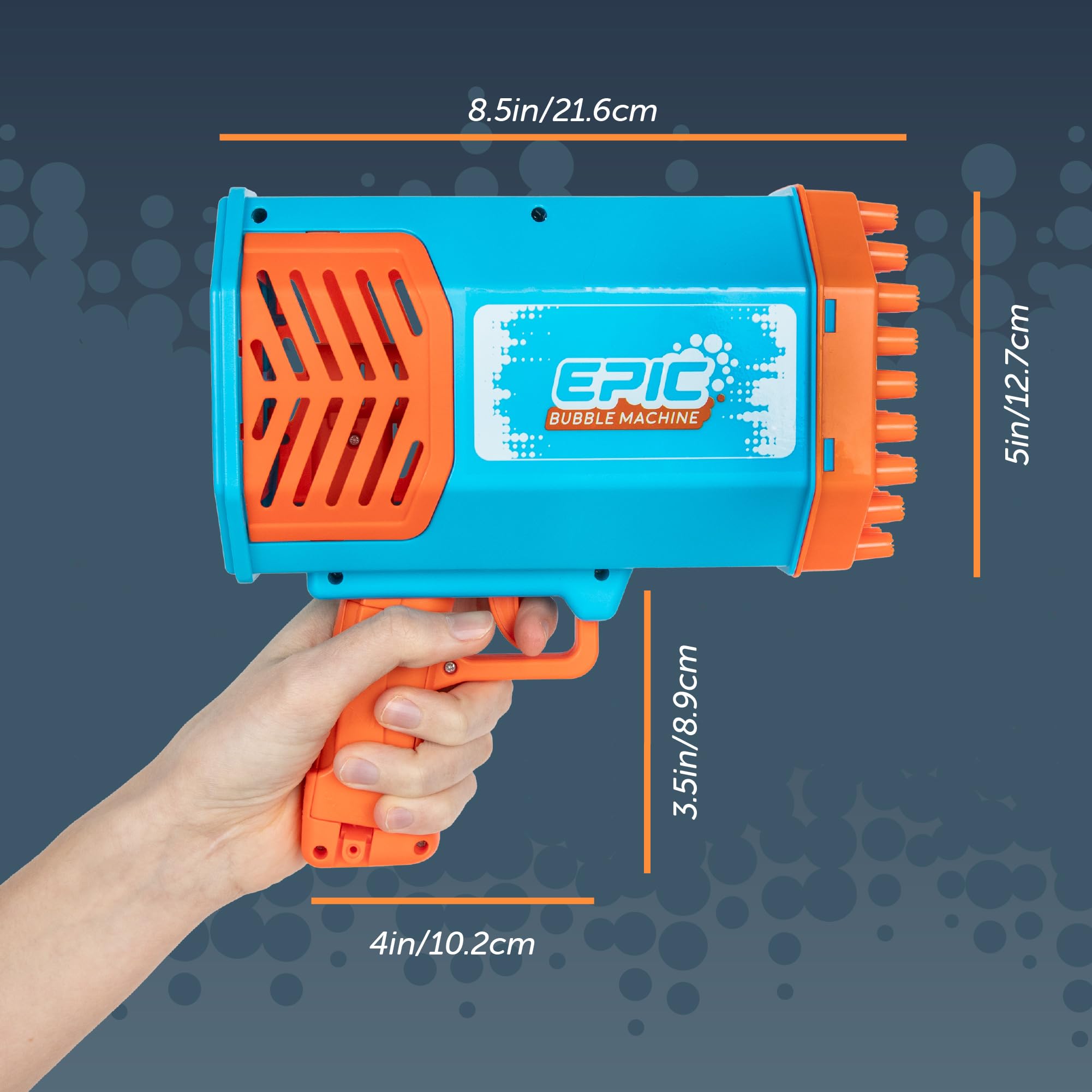 Epic Bubble Machine Gun – Bubble Tray for 69 Bubble Holes – RGB Lighting Effects – USB Rechargeable Battery for Hours of Fun – 2 Bubble Solution Bottles – Outdoor Indoor Toy for Adults Kids