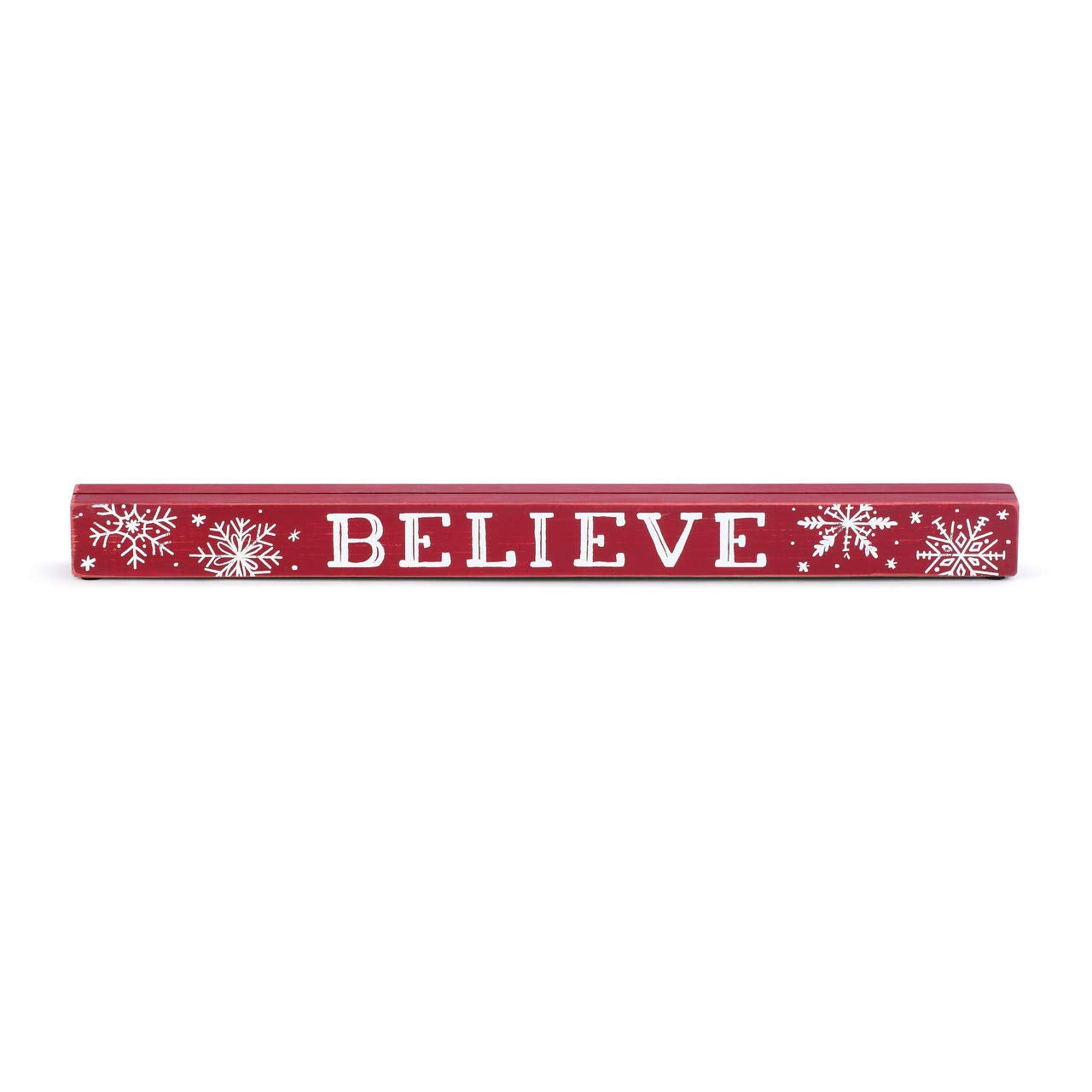 Red Wooden "Believe" Long Shelf Sitter Block Sign with Snowflake Accents