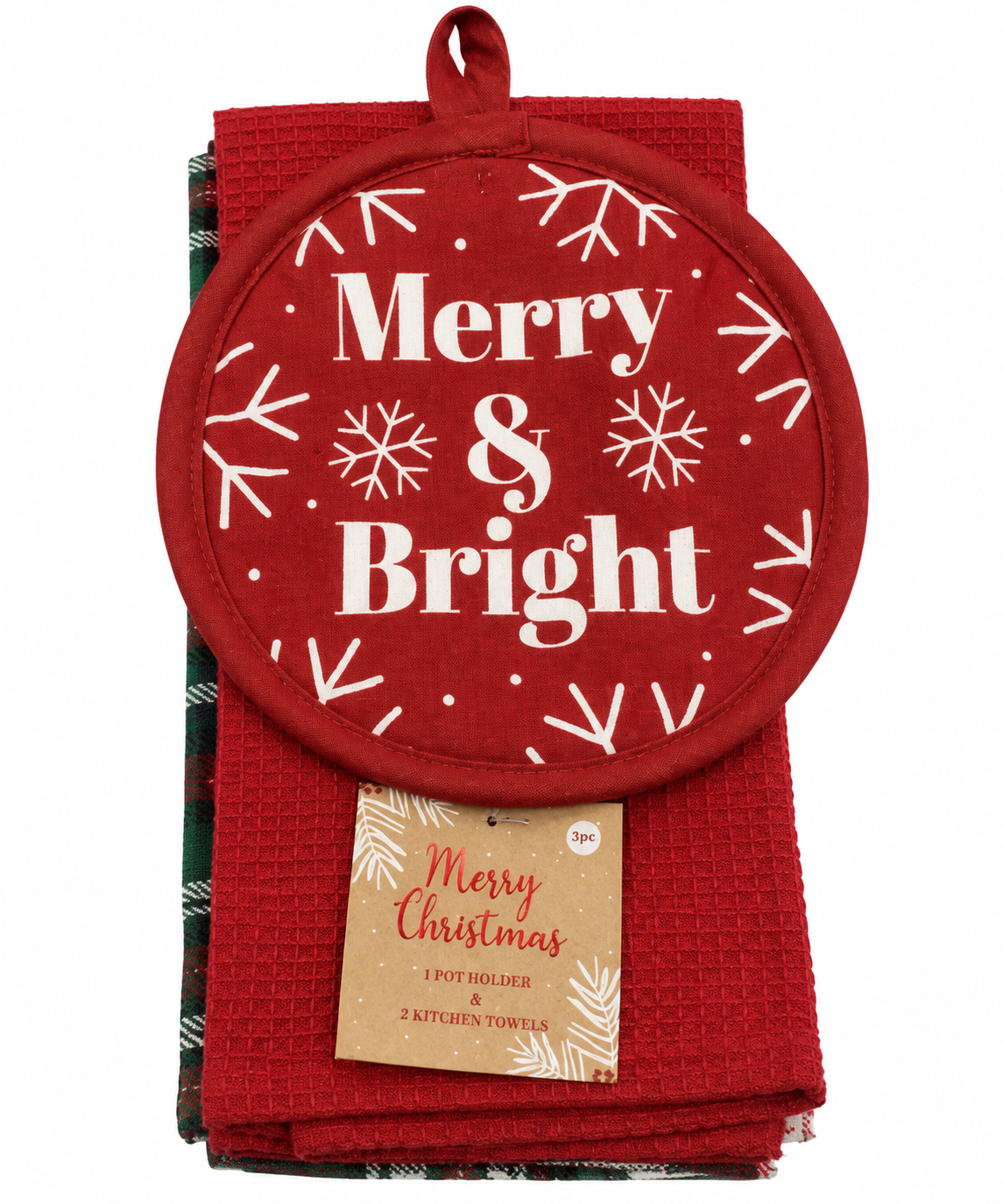 "Merry & Bright" Round Nidico Pot Holder & Kitchen Towel Set 3 Pk