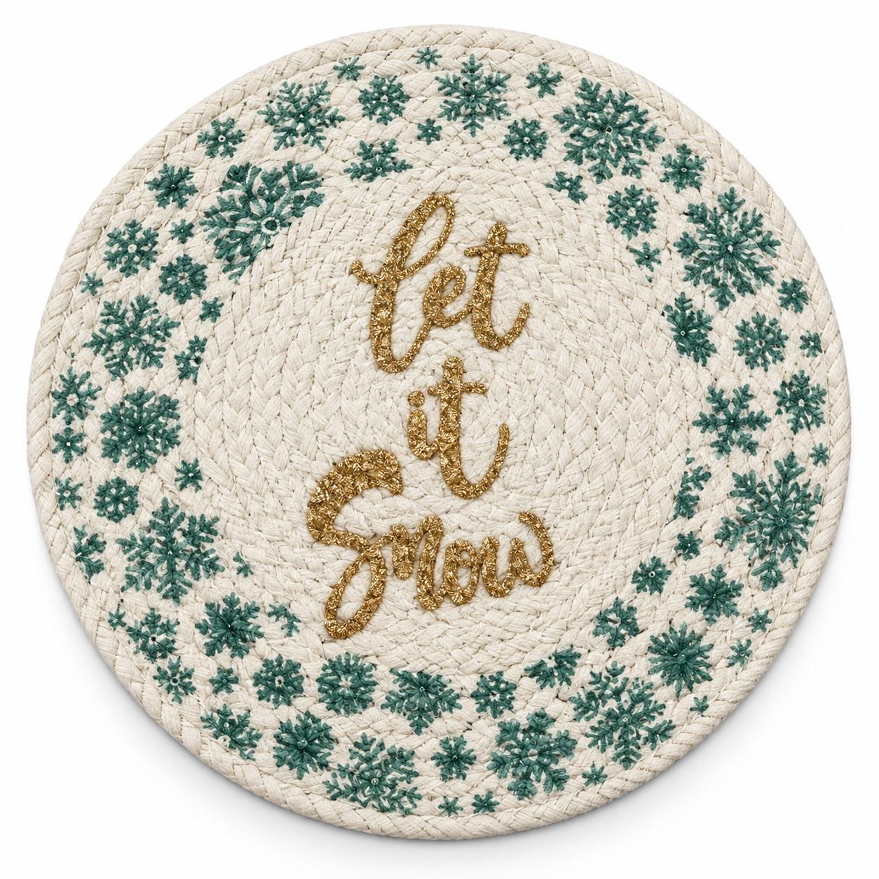 "Let It Snow" Gold Glitter Green Snowflake Nidico Round Cotton 2 pk Trivet Set