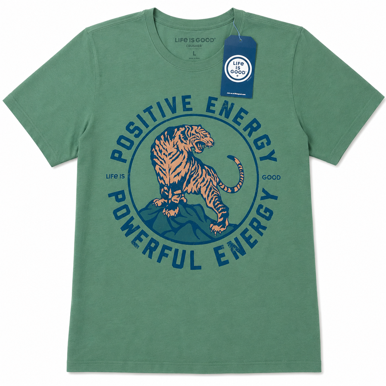 XL Life is Good Men's "Positive Energy Powerful Energy" Tiger Graphic Crusher Crewneck T-Shirt (Sage/Jade Green)
