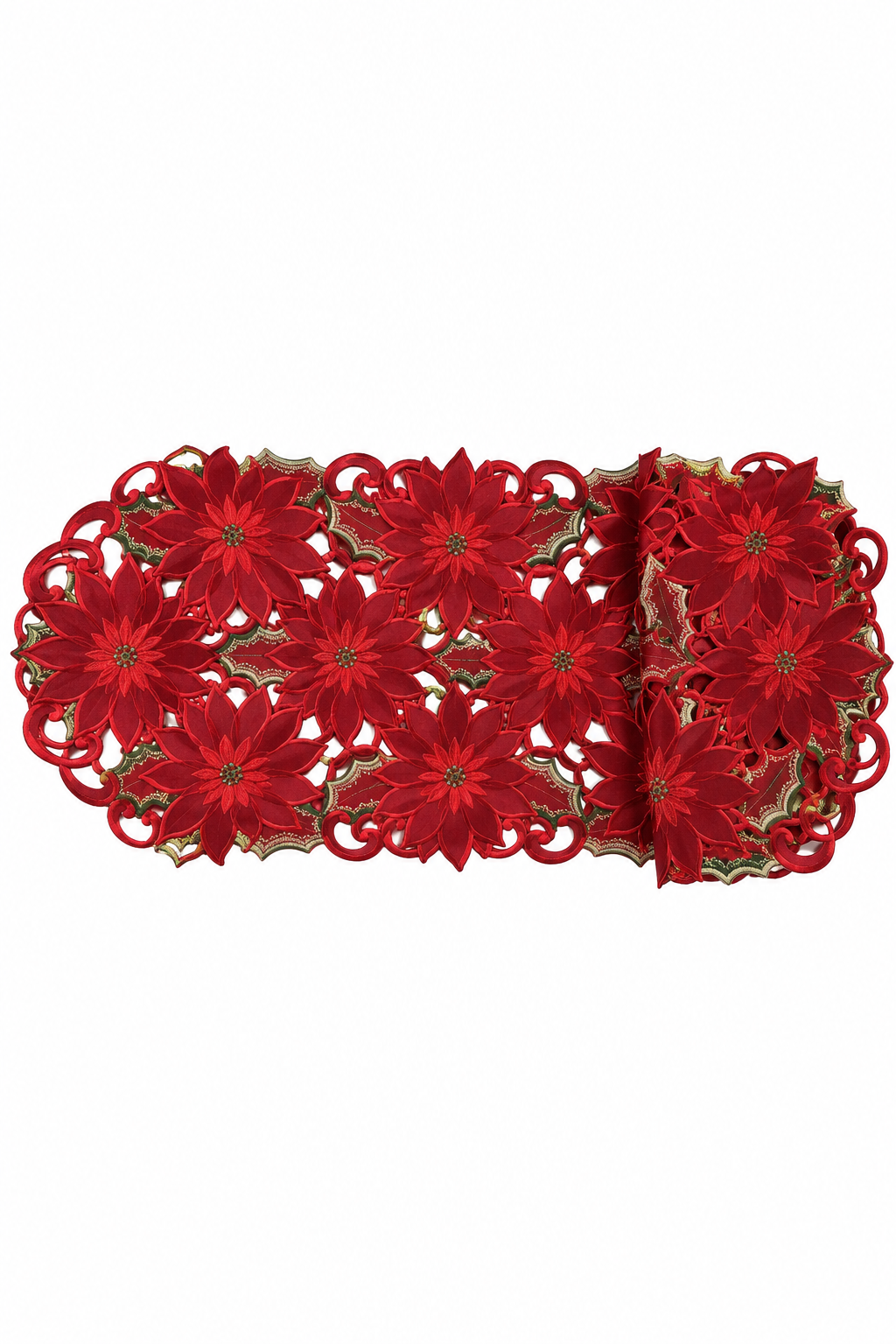 Embroidered Red Poinsettia Long Table Runner Holly Cutwork 16" x 72"