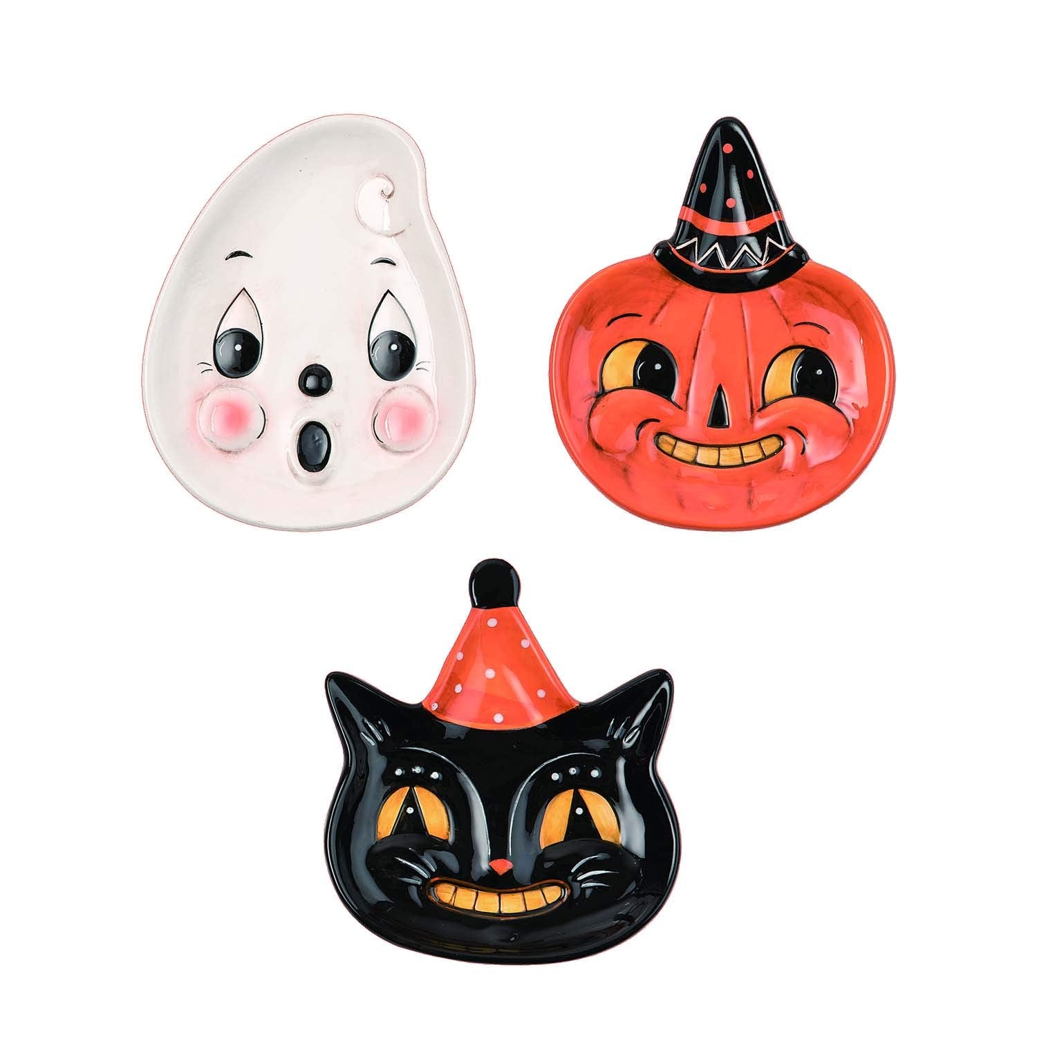 Vintage Halloween Character Face Plates - Set of 3 - Ghost, Pumpkin, and Cat