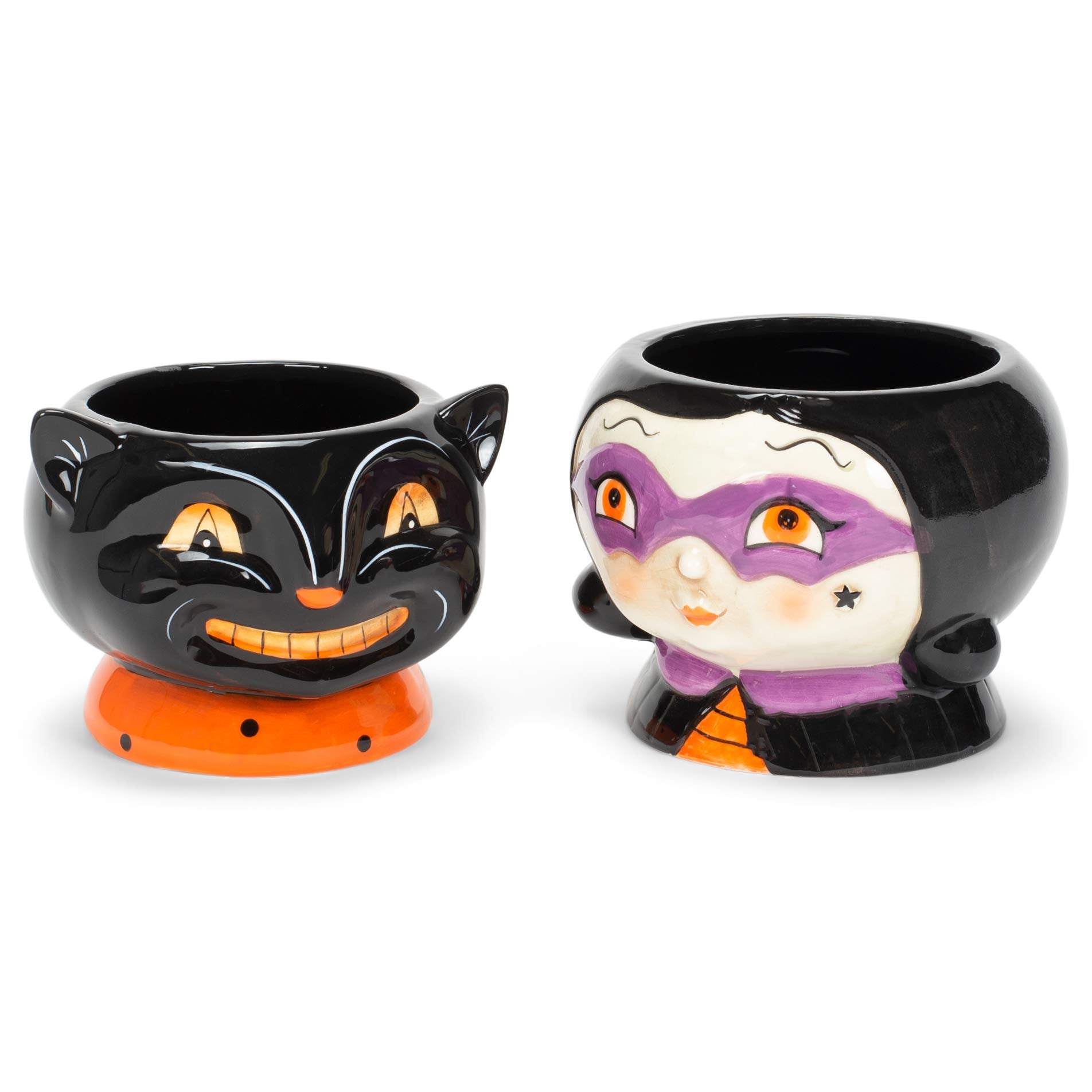 Cat and Witch Black 5 x 5 Dolomite Ceramic Halloween Dish Bowls Set of 2