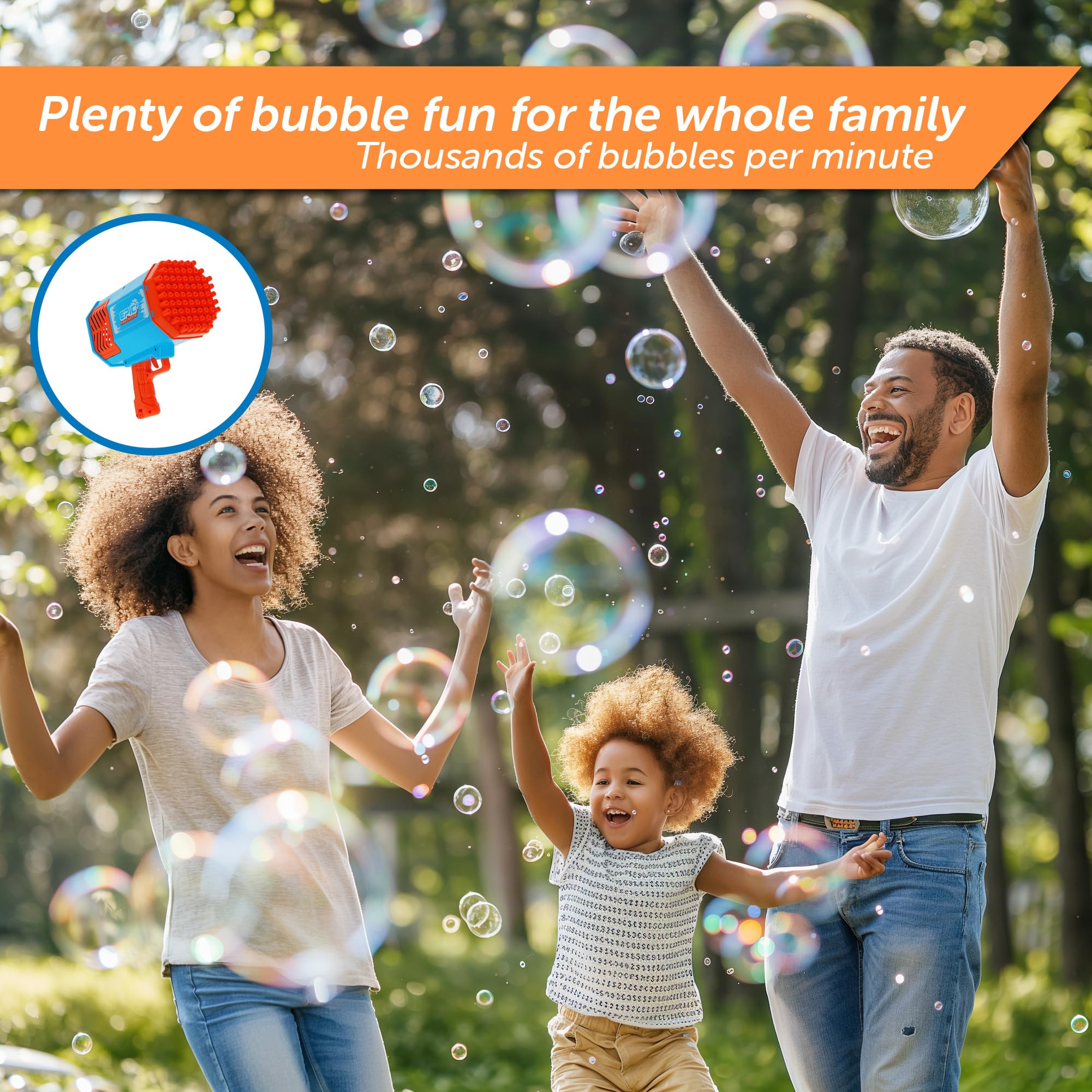 Epic Bubble Machine Gun – Bubble Tray for 69 Bubble Holes – RGB Lighting Effects – USB Rechargeable Battery for Hours of Fun – 2 Bubble Solution Bottles – Outdoor Indoor Toy for Adults Kids