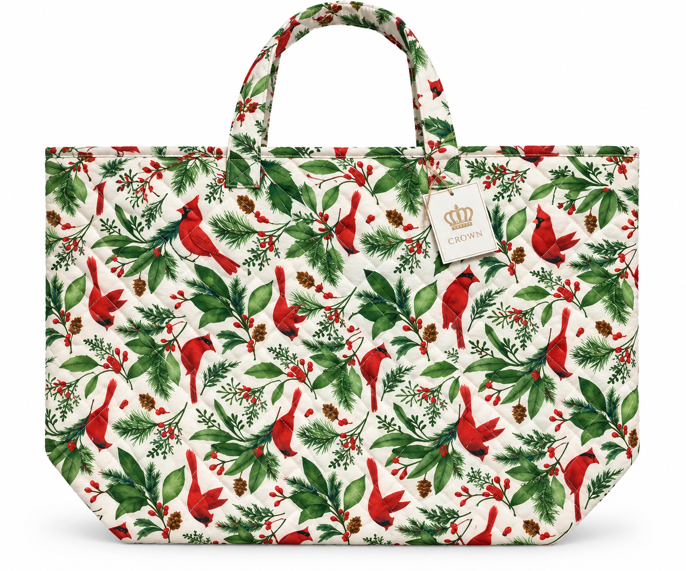 Home Comfort Winter Cardinals & Evergreen Quilted Large Tote Bag
