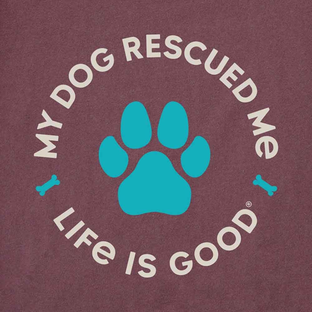 LG Life is Good "My Dog Rescued Me" Paw Print Graphic Crusher Crewneck T-Shirt (Plum/Dusty Rose, Size L)