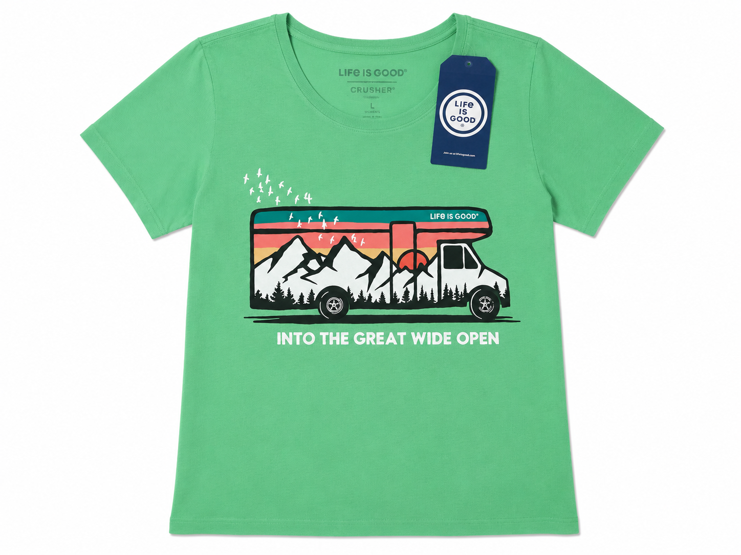 MD Life is Good Women's "Into the Great Wide Open" RV Camper Graphic Crusher Crewneck T-Shirt