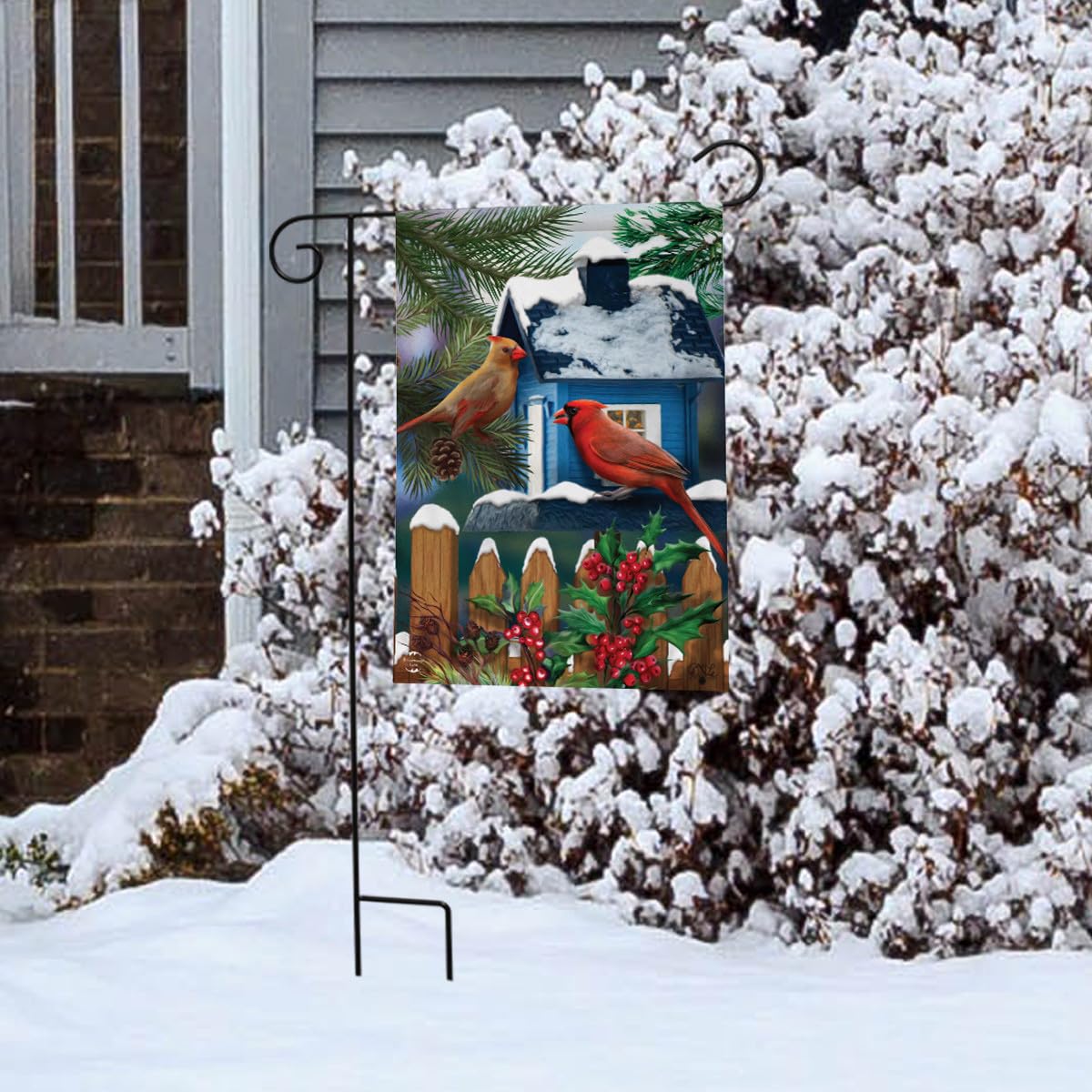 Briarwood Lane 12.5" x 18" Premium Winter Cardinals & Blue House Picket Fence Garden Flag