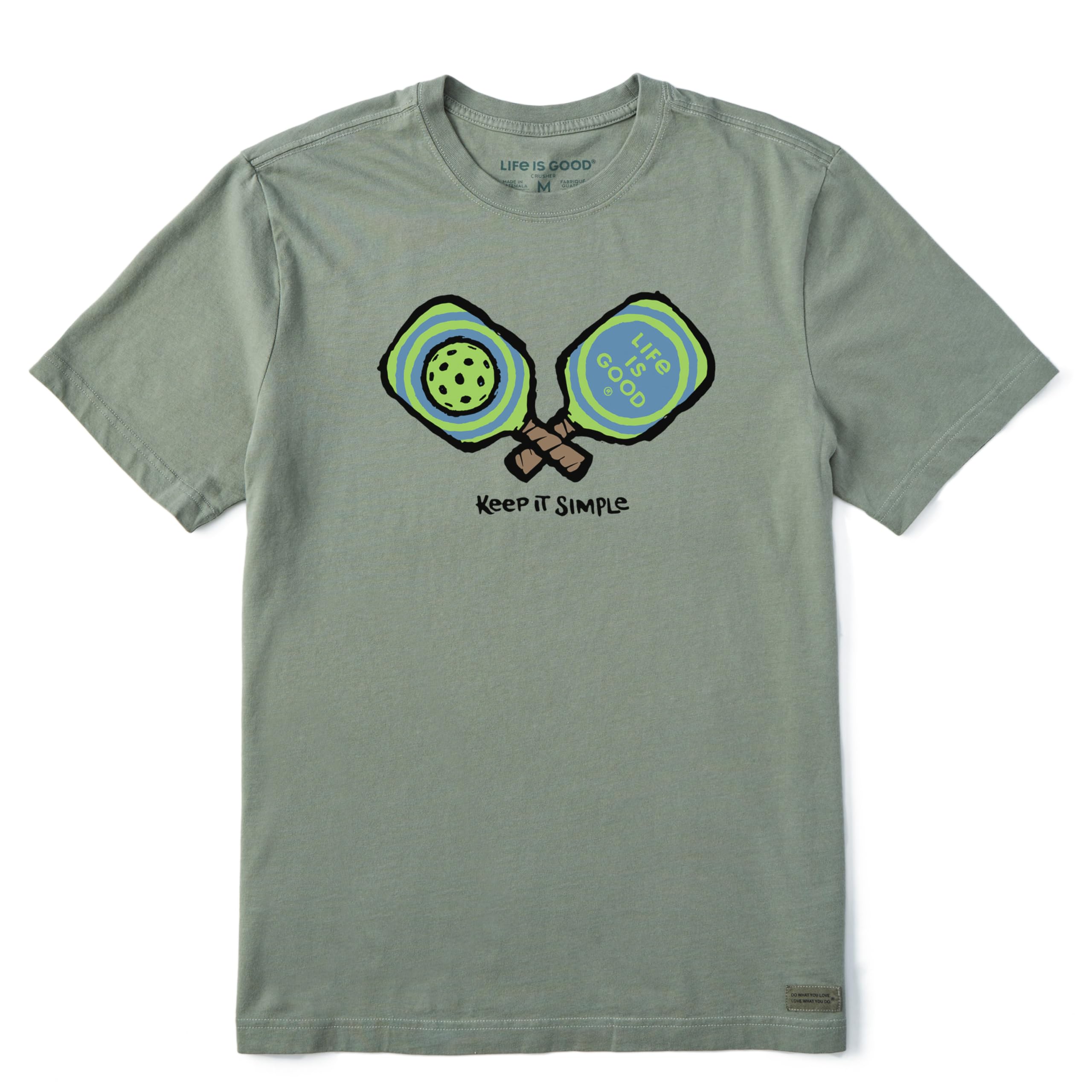 XL Life is Good Men's "Keep It Simple" Pickleball Graphic Crusher Crewneck T-Shirt (Olive/Moss Green, Size XL)