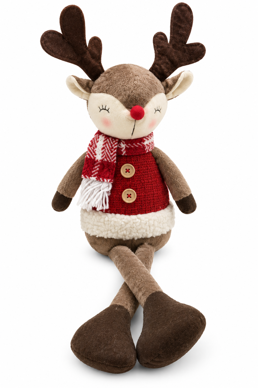 Plush Reindeer Boy Shelf Sitter Figurine Red Knit Vest Scarf Decor