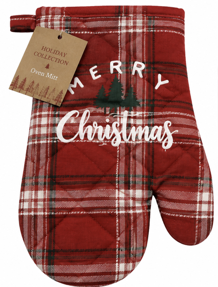 "Merry Christmas" Red Plaid Nidico Oven Mitt & Pot Holder Set 2 Pk