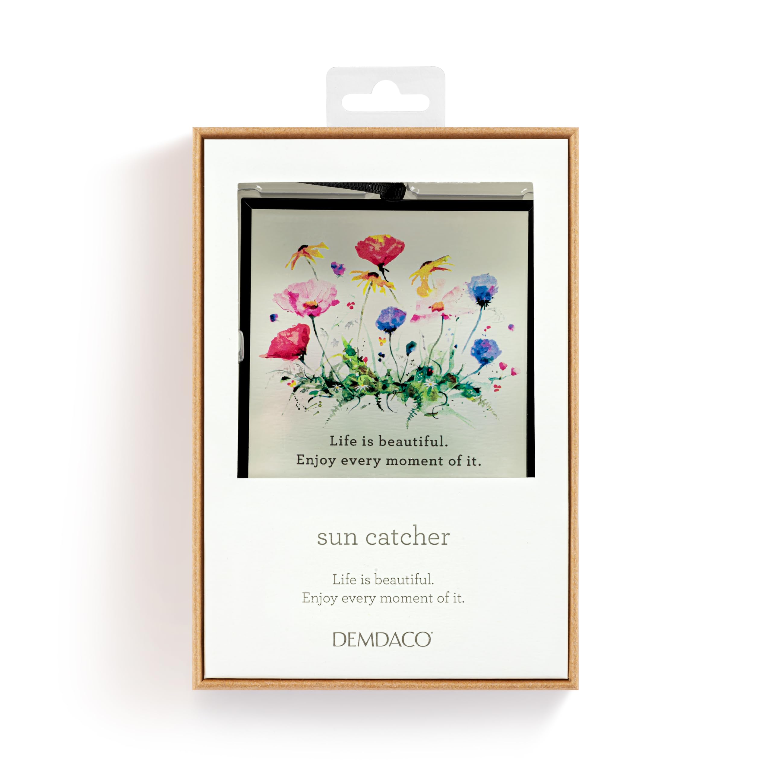 DEMDACO Dean Crouser Collection Life is Beautiful Enjoy Every Moment of It Watercolor Wildflowers 3 x 3 Iron and Glass Square Suncatcher Ornament Display