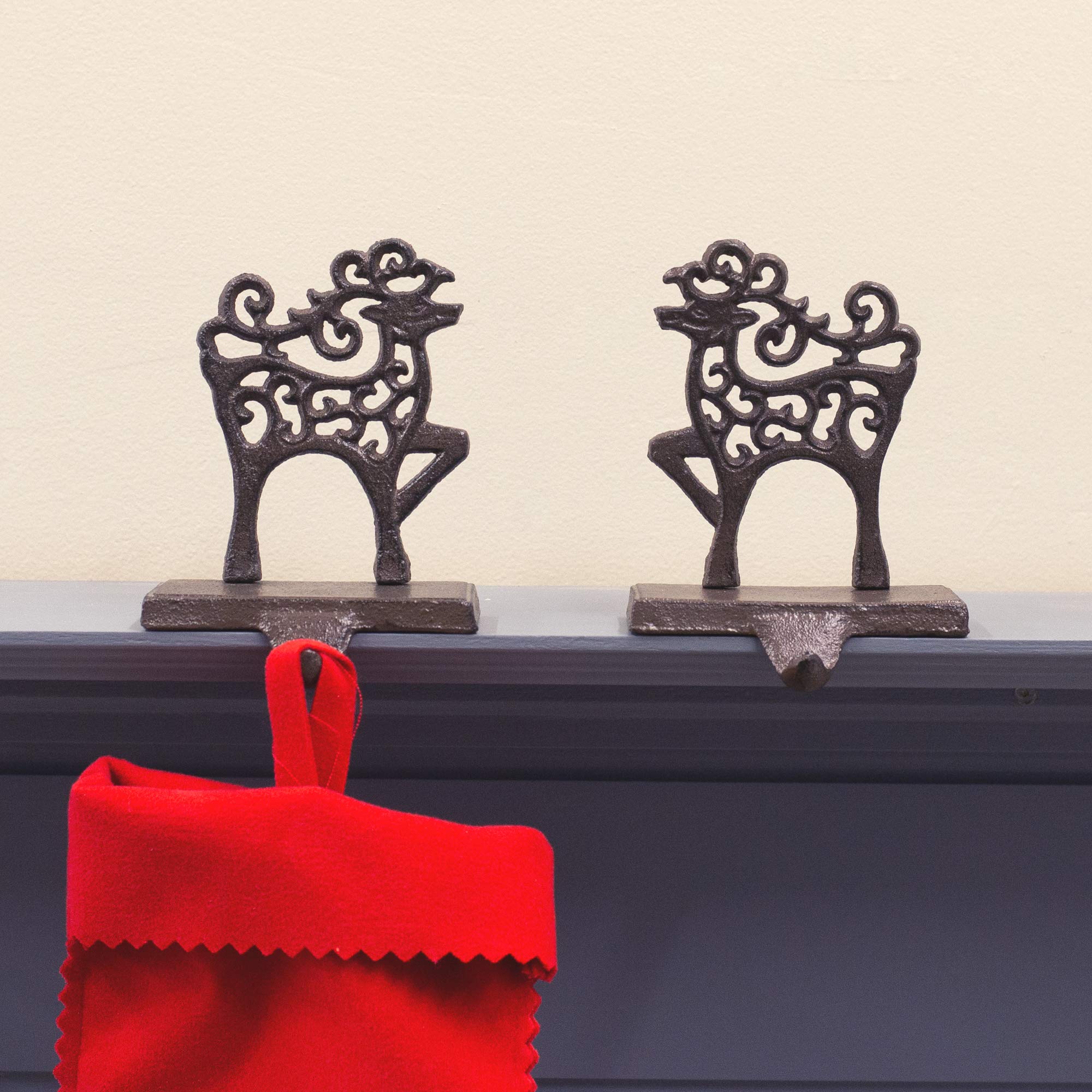 Reindeer Natural Brown 6 x 5 Iron Metal Christmas Stocking Hangers Set of 2