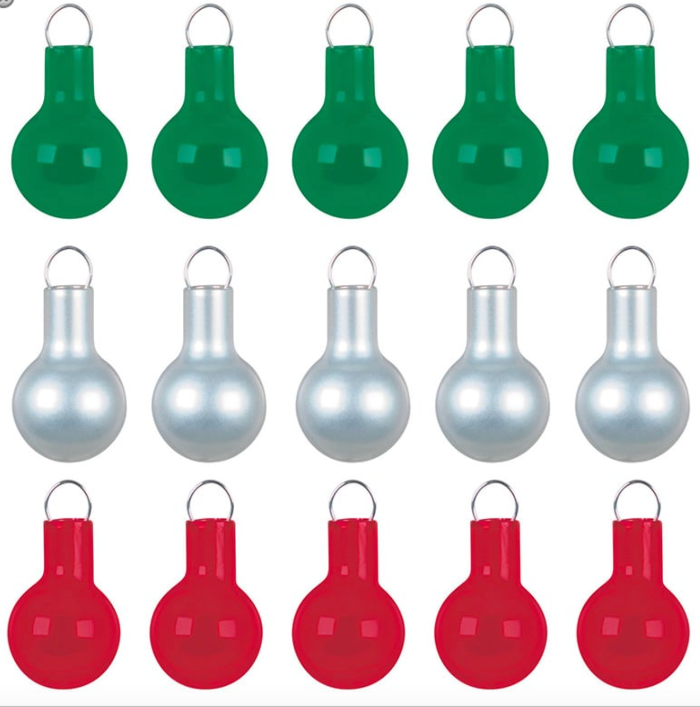 Festive miniature ornament ball set. Fifteen mini ornaments in red(5) silver(5) and green(5)